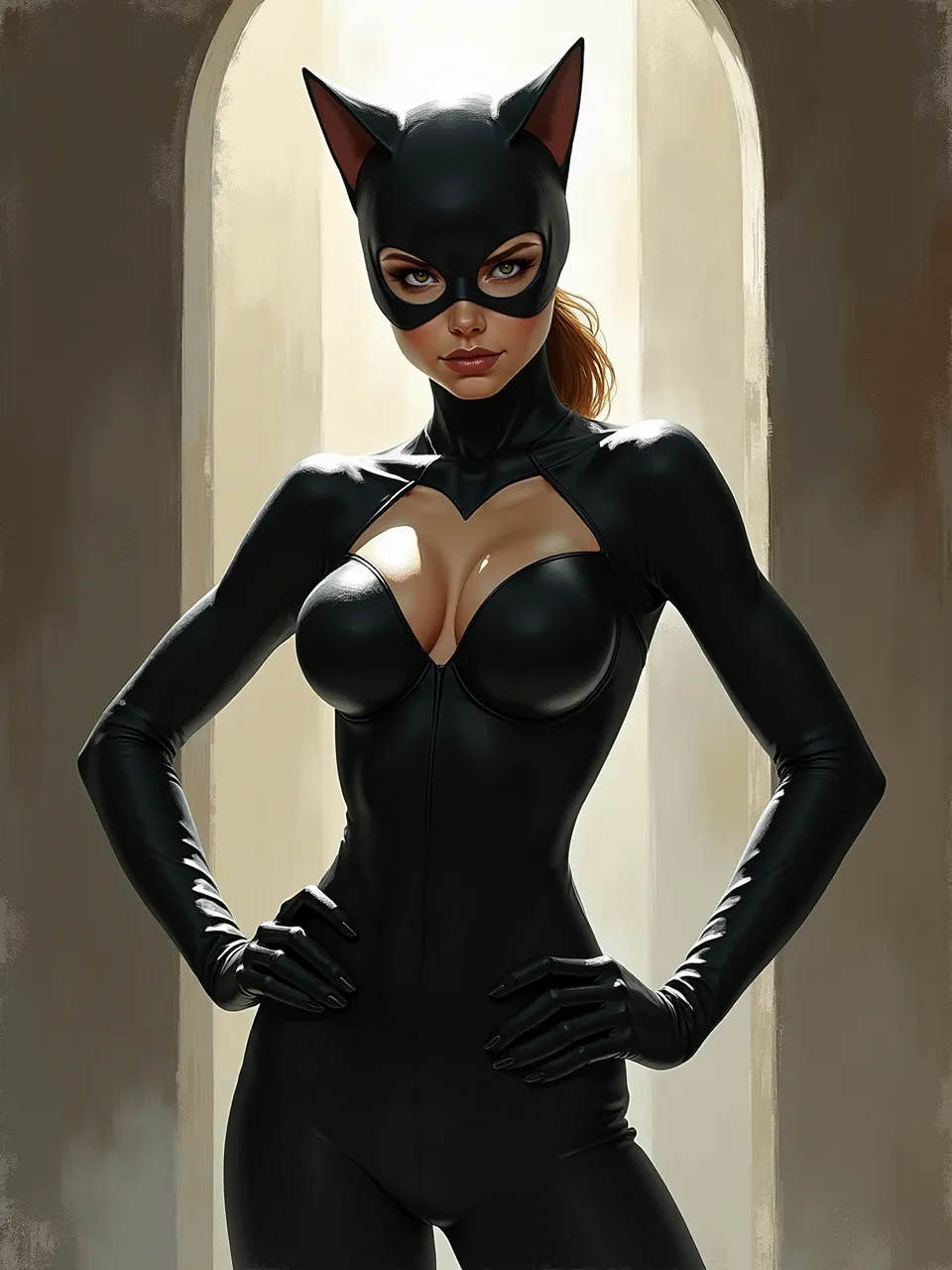 This Catwoman digital painting by Flux AI, inspired by Craig Mullins, features striking lighting accentuating realistic leather textures. A masterclass in digital brushwork, showcasing superb digital artistry.