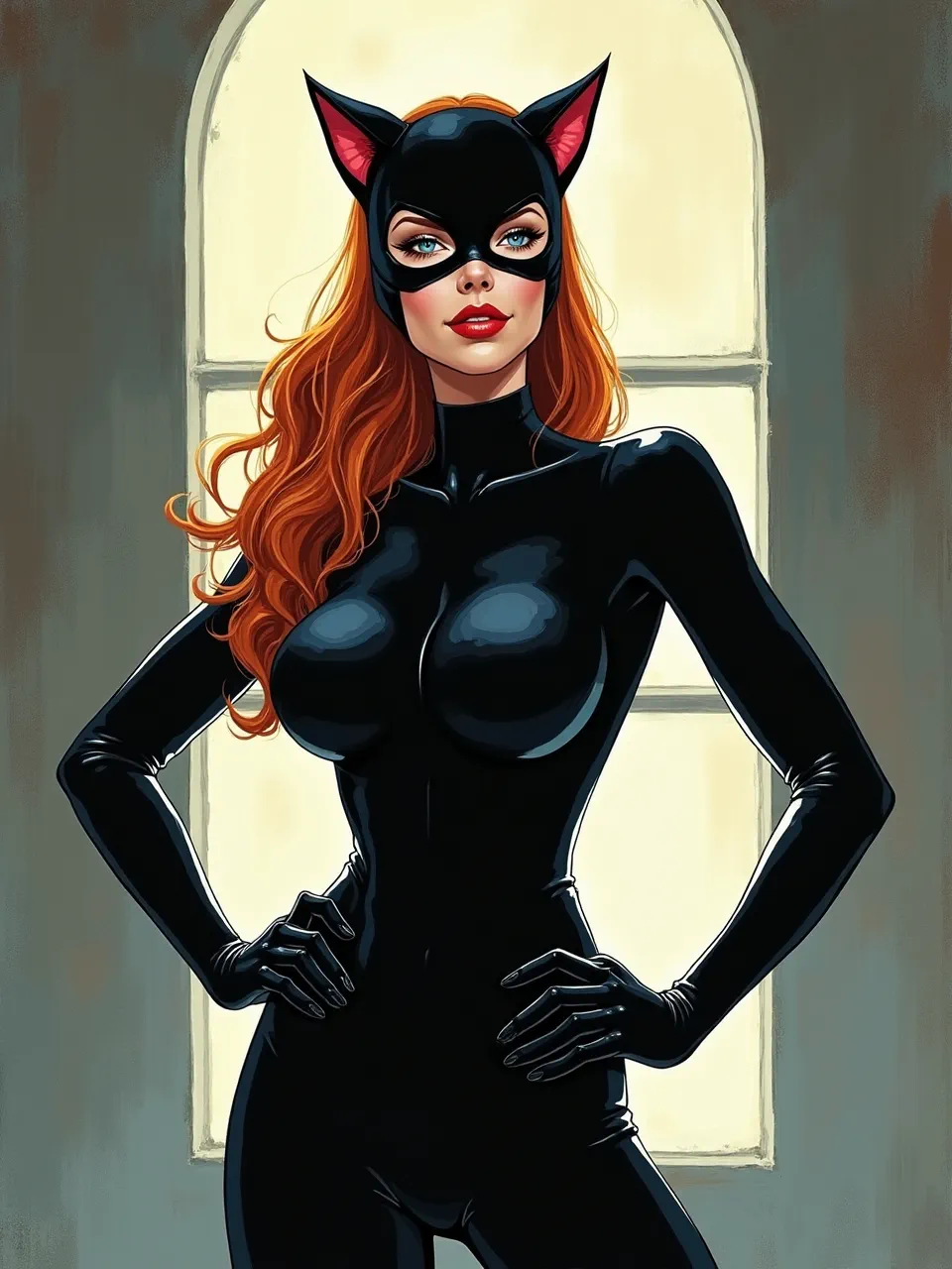 This Catwoman reimagined in Craig Thompson's graphic novel style, featuring dramatic backlighting, glossy latex textures, and precise inked linework, defining a powerful digital artwork.