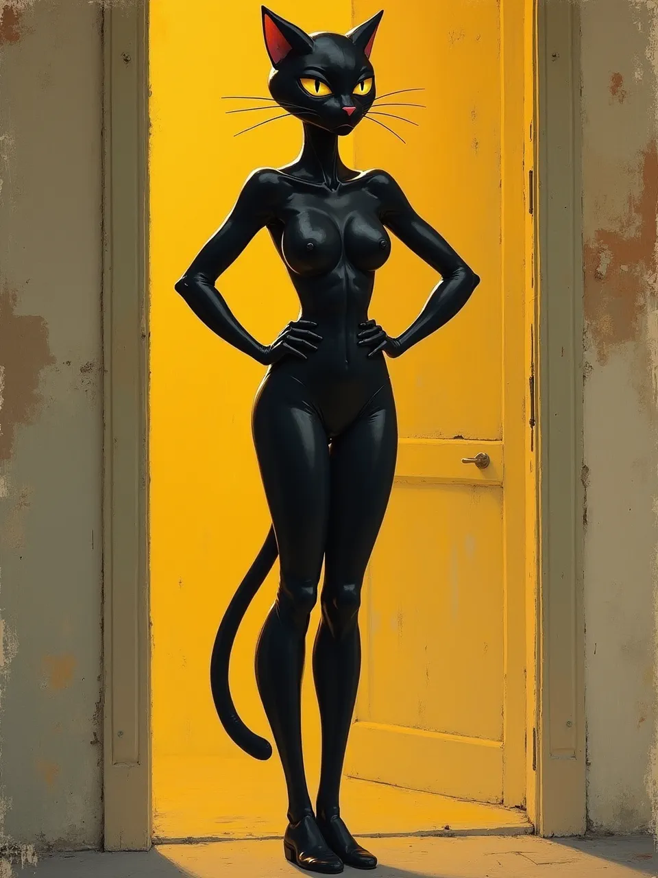 This striking Catwoman AI generation, influenced by Cuno Amiet, features dramatic backlighting illuminating glossy textures. A vivid, expressionist digital painting blending artistic styles for striking impact.