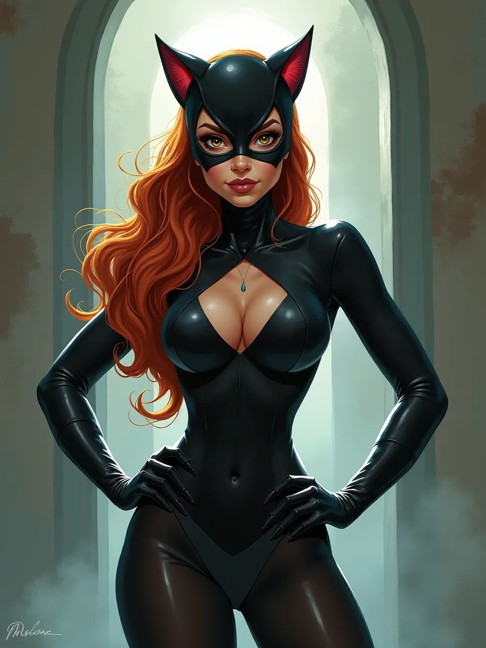 This Flux AI generated Catwoman image, in Cyril Rolando's distinctive digital art style, showcases dramatic backlighting, sleek glossy textures, and vibrant hues through this compelling artistic medium.
