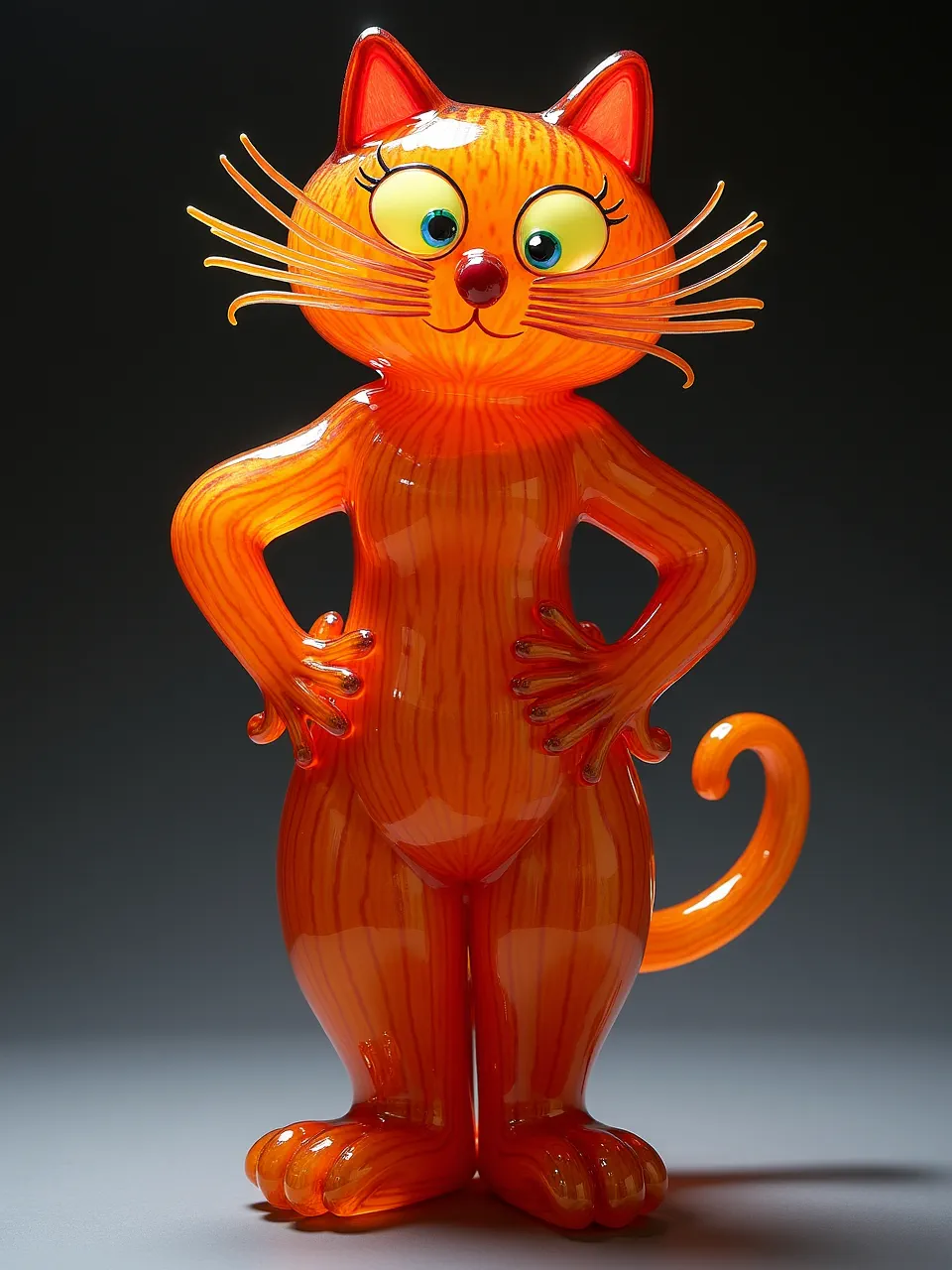 This striking Dale Chihuly-style Catwoman glass sculpture boasts radiant orange textures, expertly crafted. Brilliant lighting illuminates the unique art medium, enhancing its captivating forms.