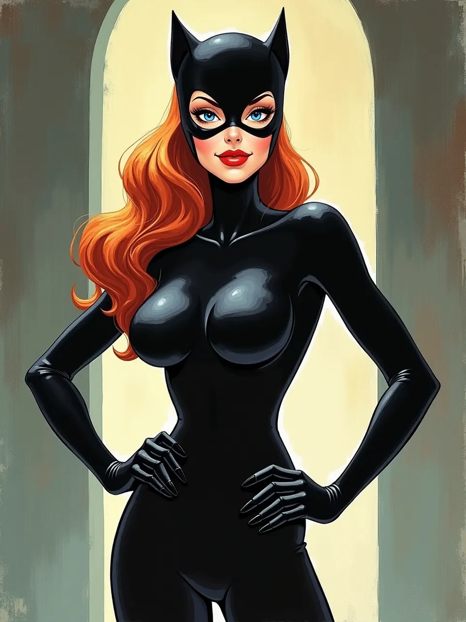 This vibrant Dan DeCarlo style Catwoman digital comic art features dynamic lighting highlighting sleek, glossy catsuit textures. A captivating illustration echoing classic print aesthetics.