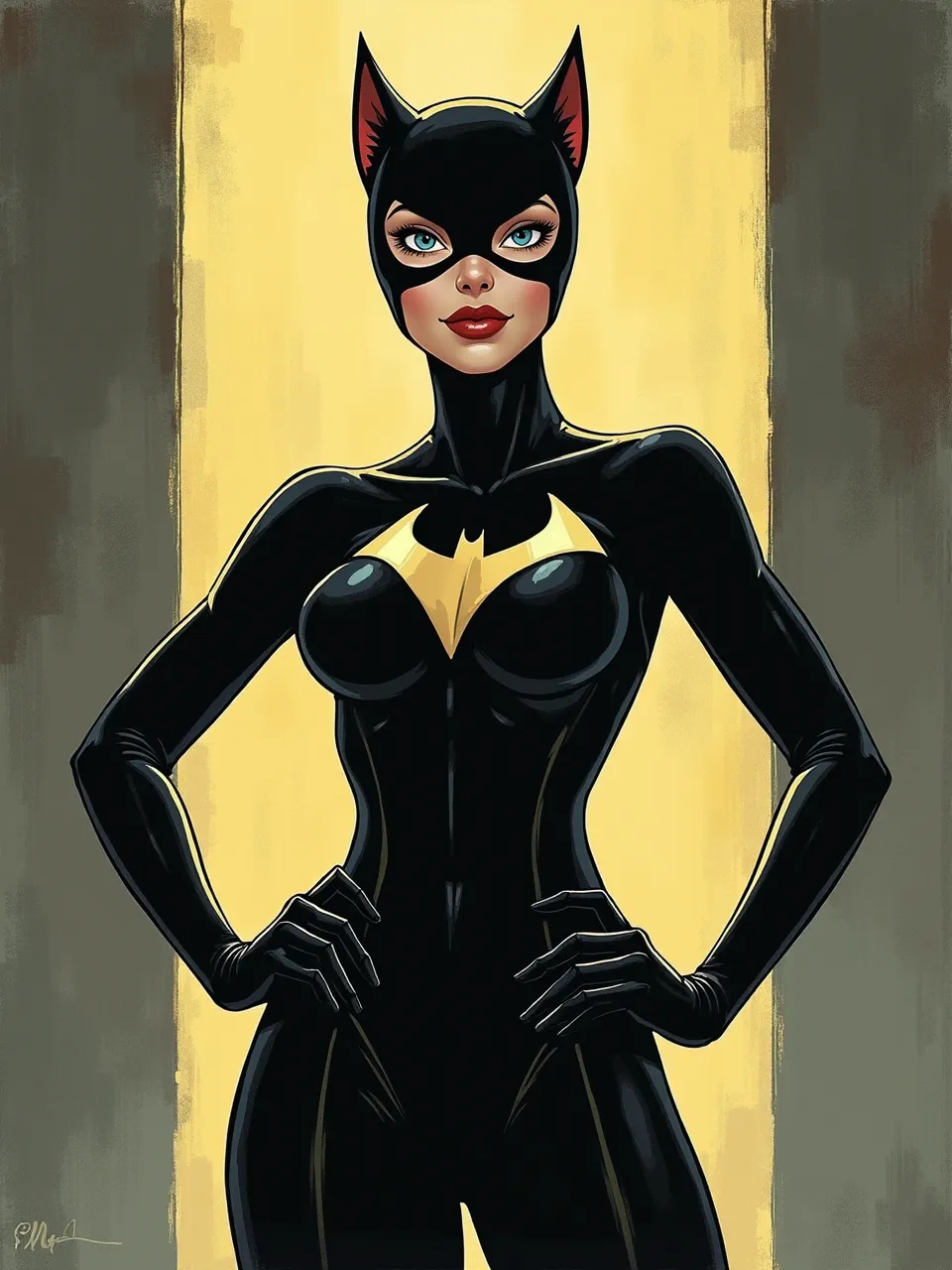 This stunning Dan Matutina Catwoman digital illustration shines with luminous backlighting. Notice the sleek, glossy textures on her suit, captured with vibrant, modern artistic precision.