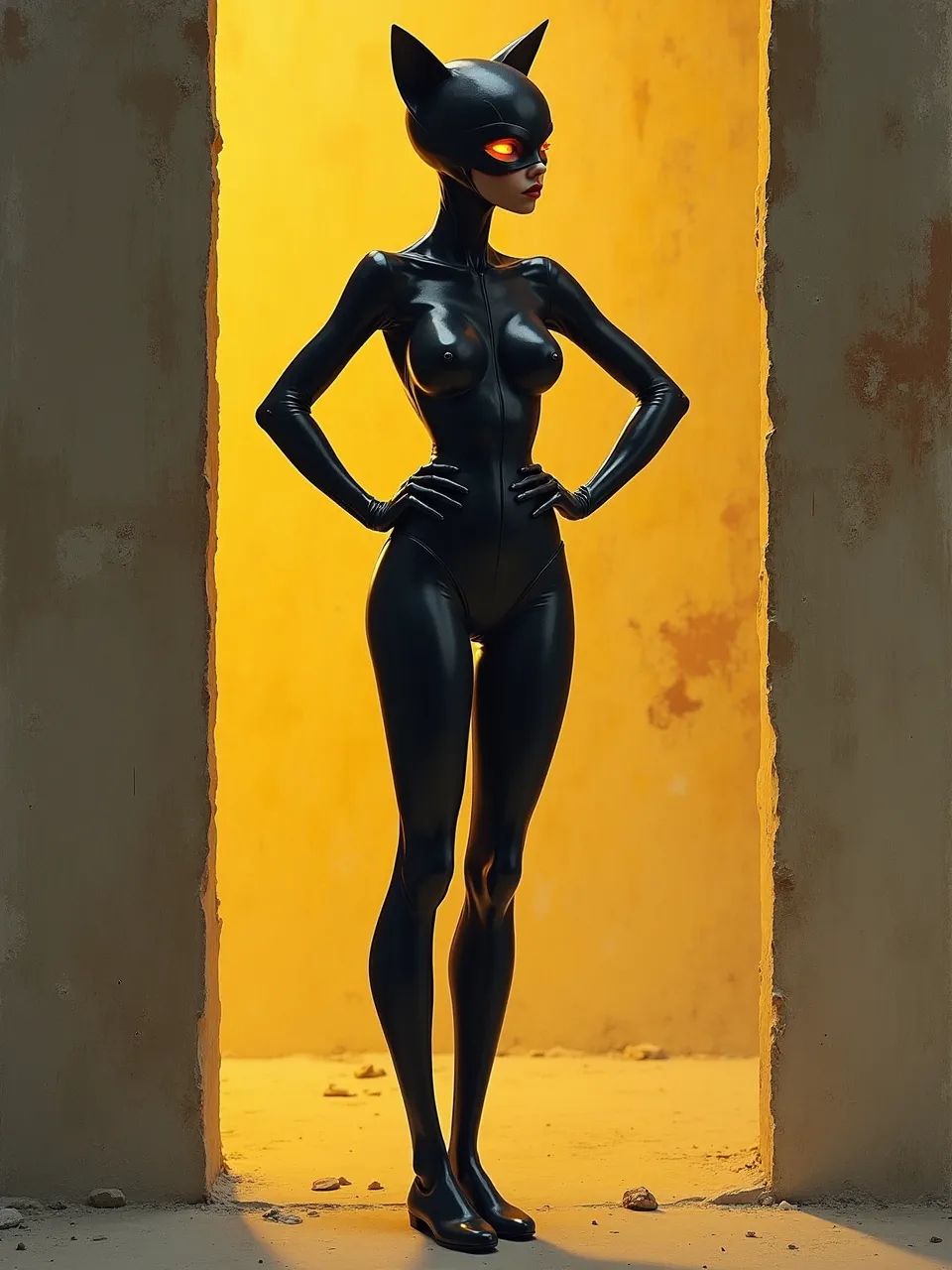 This *Dan McPharlin*-influenced *Catwoman* digital illustration features intensely glossy suit textures under dramatic directional lighting, highlighting a sleek, retro-futuristic aesthetic.