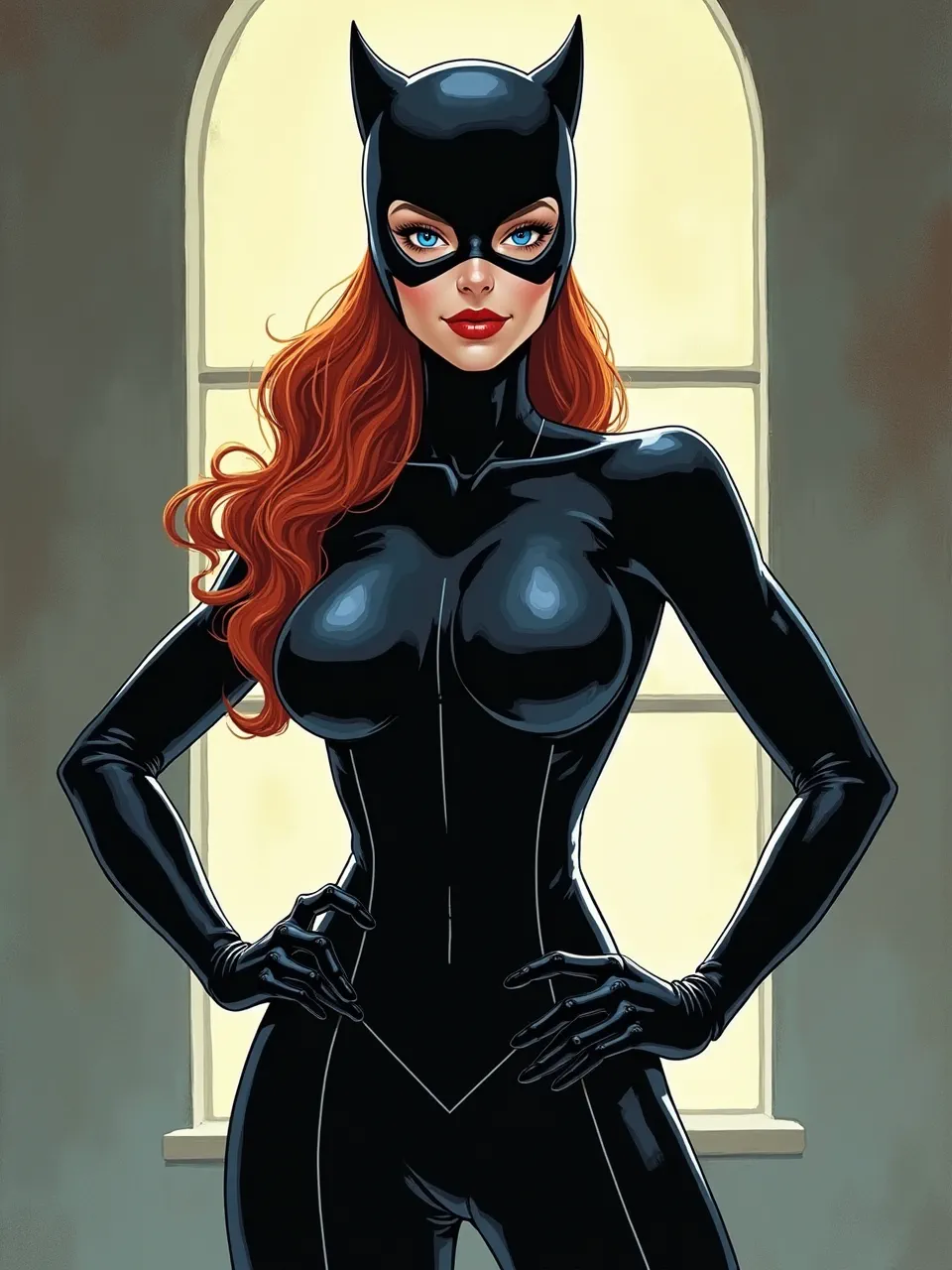 This Dan Mora-inspired Catwoman artwork features dramatic backlighting, emphasizing the glossy, reflective textures of her suit through vibrant digital comic book illustration.
