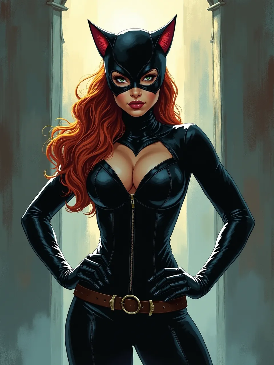 This dynamic Catwoman digital art in Dan Mumford's striking style showcases dramatic backlighting, sleek leather textures, and vibrant, luminous effects via stylized illustration.