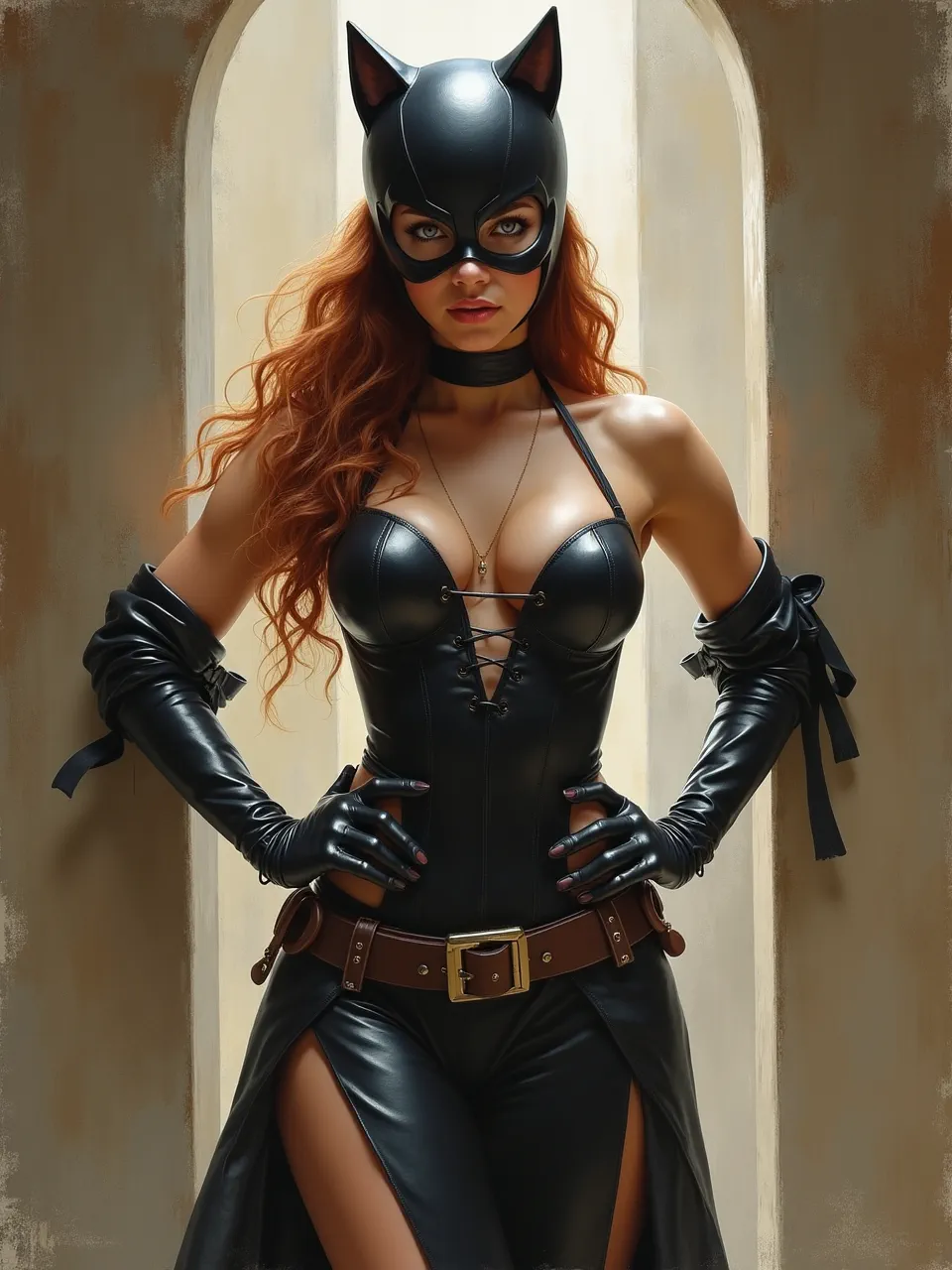 This striking Catwoman digital oil painting, in Daniel F. Gerhartz's iconic style, features dramatic lighting highlighting the realistic leather textures and painterly brushstrokes, creating a captivating artwork.
