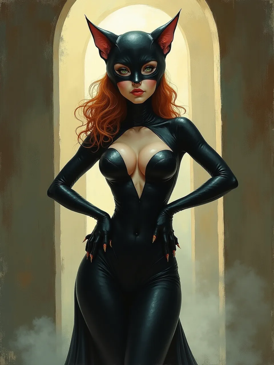 This Daniel Merriam-inspired Catwoman digital painting features soft, surreal lighting highlighting glossy textures and vibrant hair. AI art merges whimsical watercolor aesthetics, creating a captivating artistic medium.