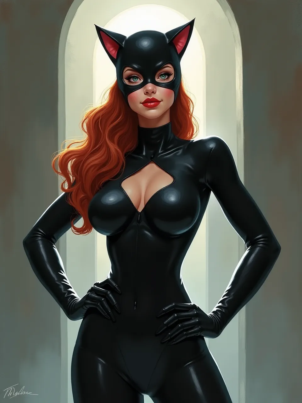 This Daniela Uhlig style Catwoman digital art features striking backlighting accentuating glossy latex textures, vibrant red hair, and a painterly finish, highlighting her iconic allure powerfully.