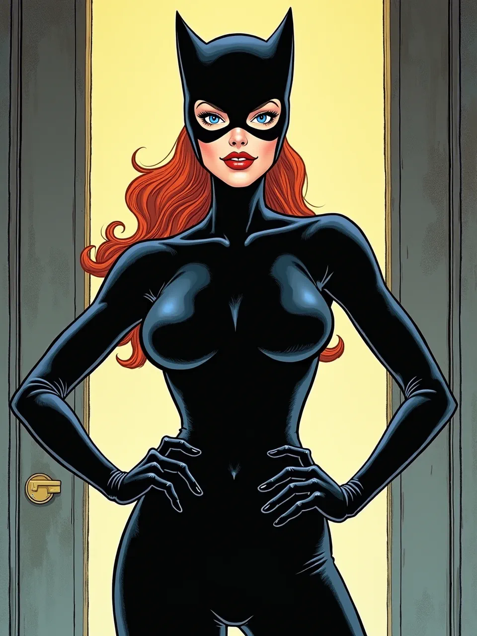 Dave Gibbons' influence shines in this AI Catwoman. Bold comic art, vibrant lighting, and sleek, glossy textures define this iconic character with striking visual depth.