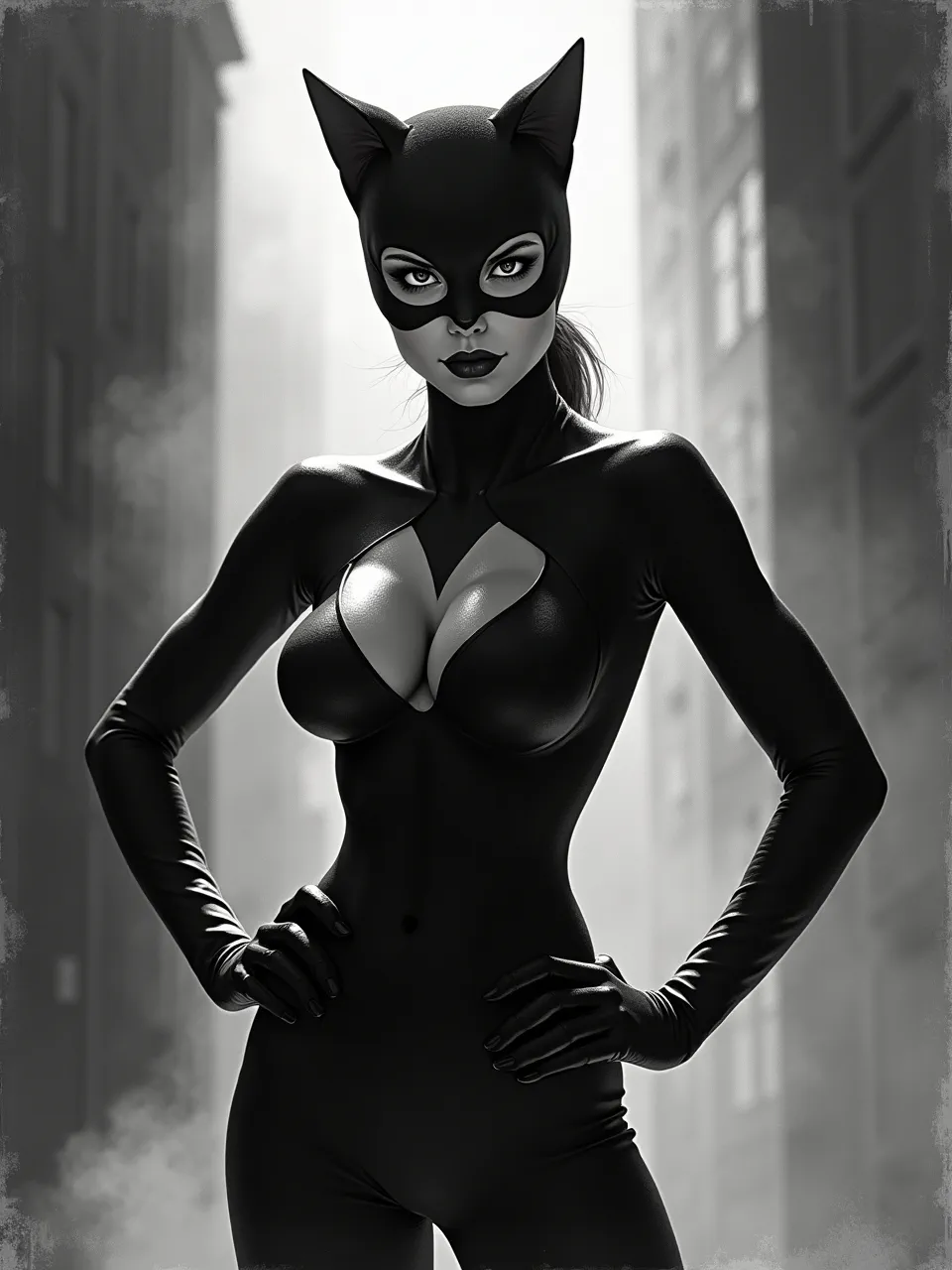 This powerful Catwoman in Dave McKean's style features dramatic grayscale lighting, gritty textures, and a haunting mixed-media aesthetic, defining a high-contrast noir digital art masterpiece.