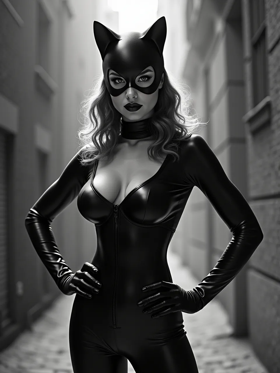 This Catwoman AI artwork, inspired by David A. Hardy, features dramatic lighting on sleek, reflective textures. A photorealistic digital medium creates stunning detail.