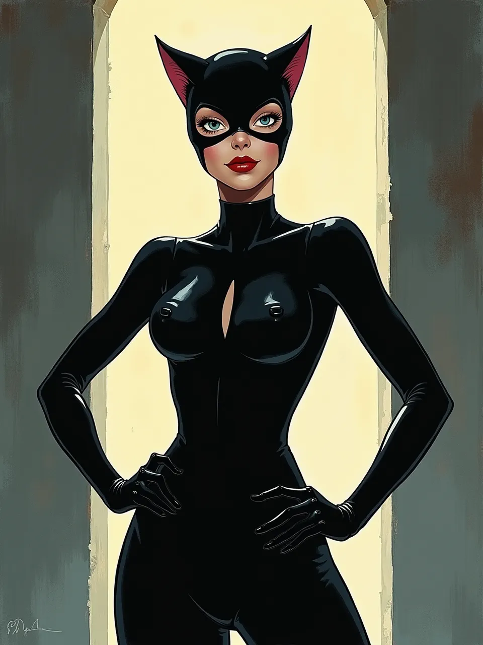 This Flux AI generated Catwoman digital illustration, in the distinct David Aja style, boasts striking lighting emphasizing her sleek, glossy suit's textures, rendered with bold comic art lines.