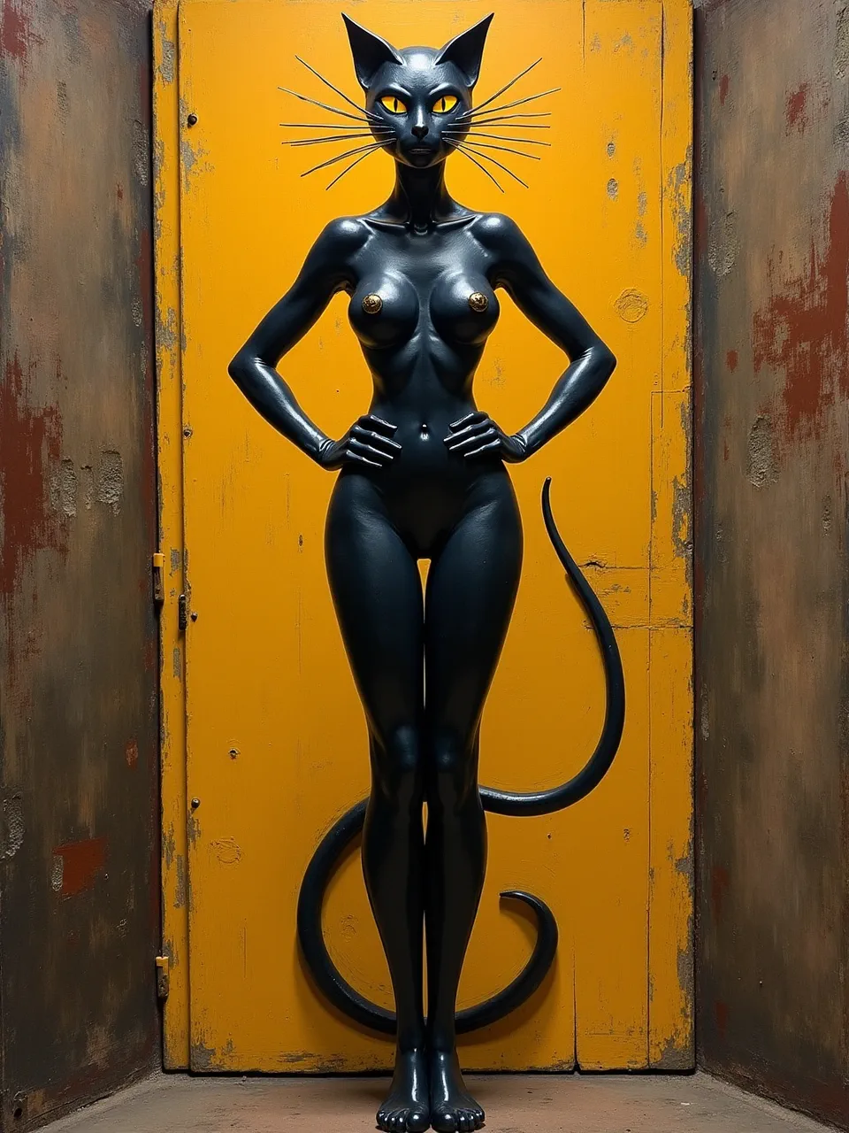 David Alfaro Siqueiros' influence shines on this Catwoman AI generation, featuring dramatic lighting, slick sculptural textures, and a bold, almost mural-like industrial composition.