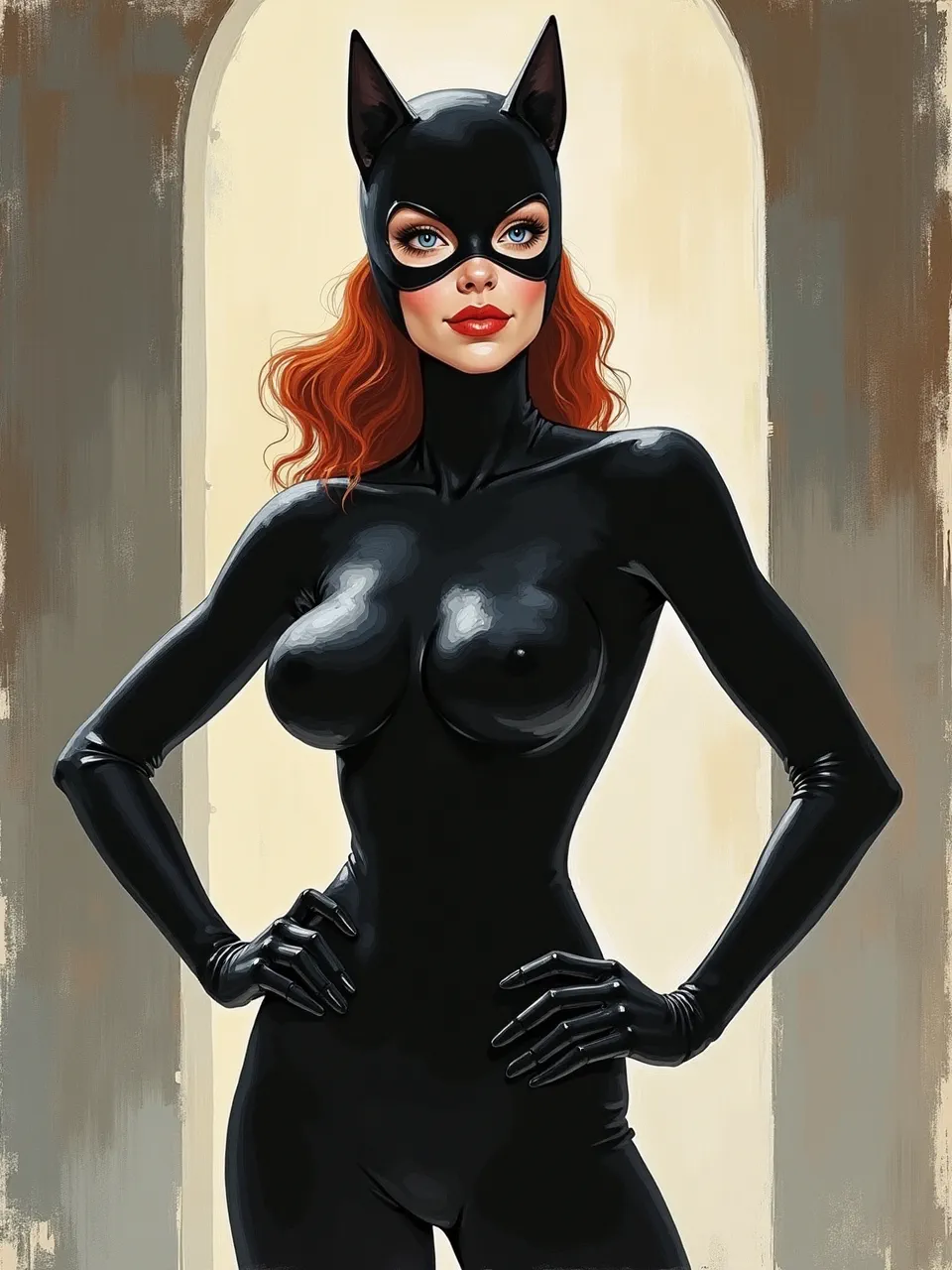 This Flux AI Catwoman generation, in David C. Driskell's style, showcases dramatic lighting and glossy latex textures. This striking oil painting emphasizes bold brushwork, creating an iconic superhero artwork.