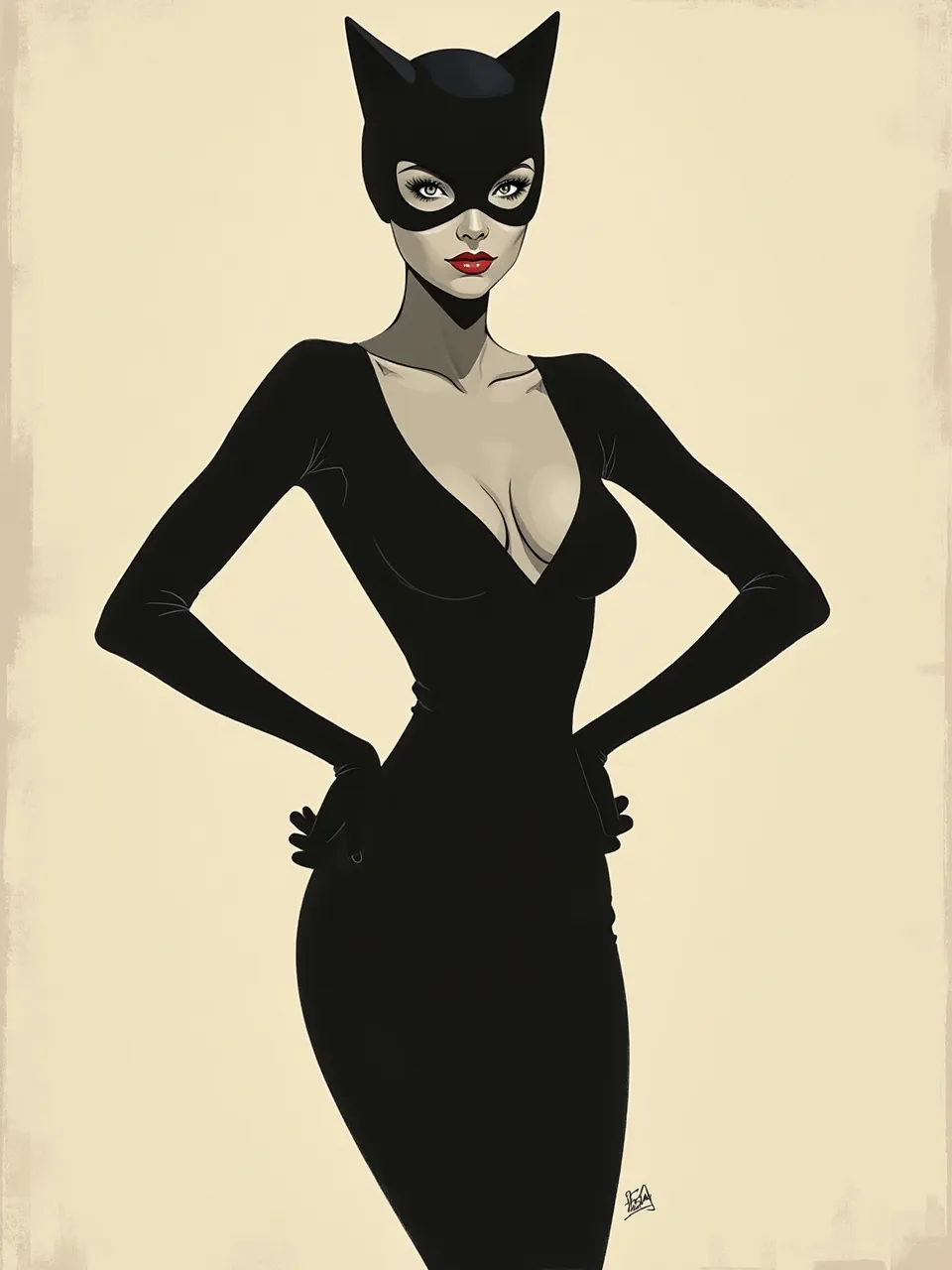 Experience Catwoman's allure in a sleek David Downton digital illustration. Sharp lighting, smooth textures, and minimalist ink washes evoke classic fashion artistry on aged paper.