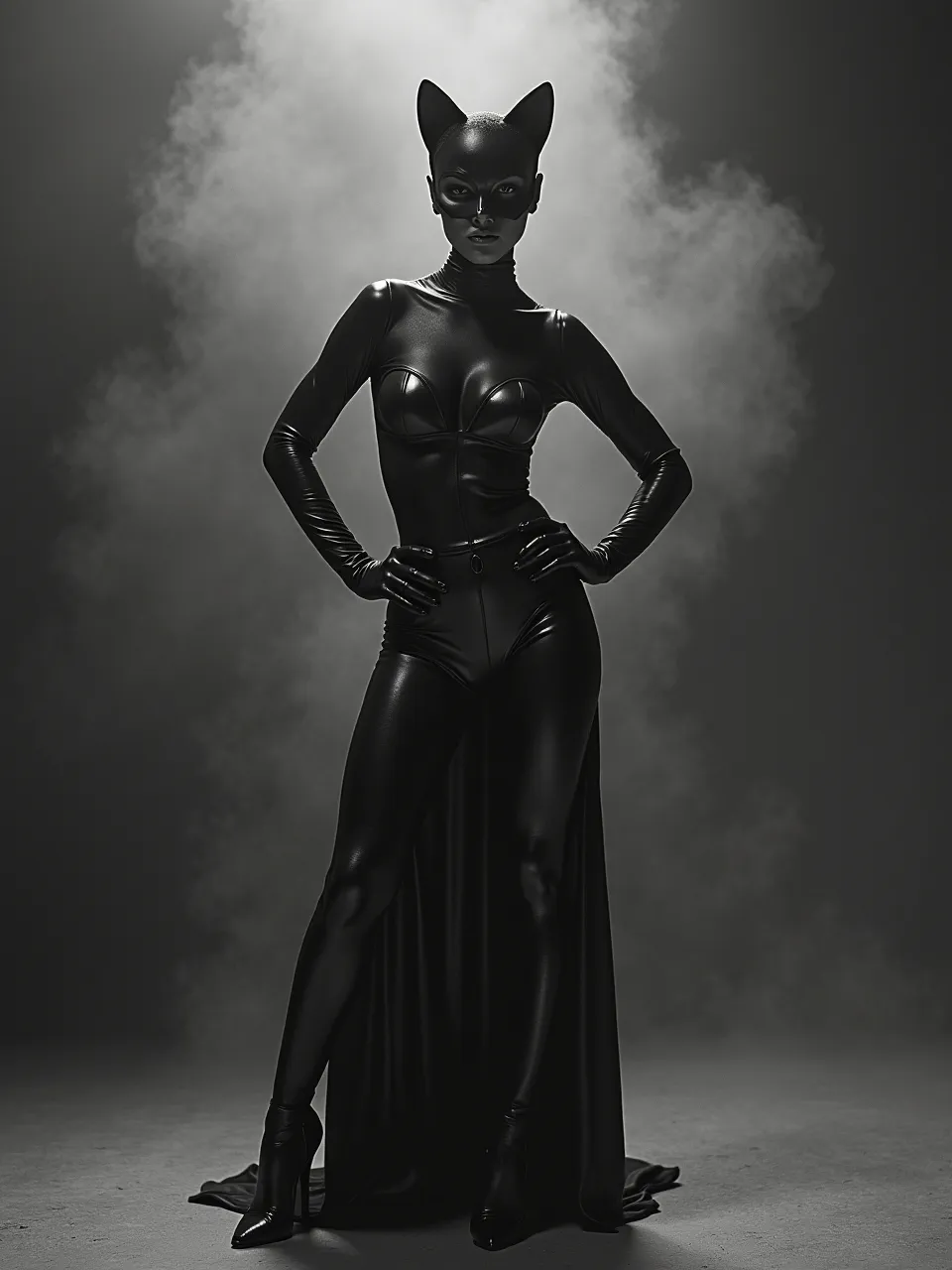 This David LaChapelle-inspired Catwoman AI digital art features dramatic, high-contrast lighting illuminating glossy leather textures and atmospheric smoke, creating powerful fashion photography.