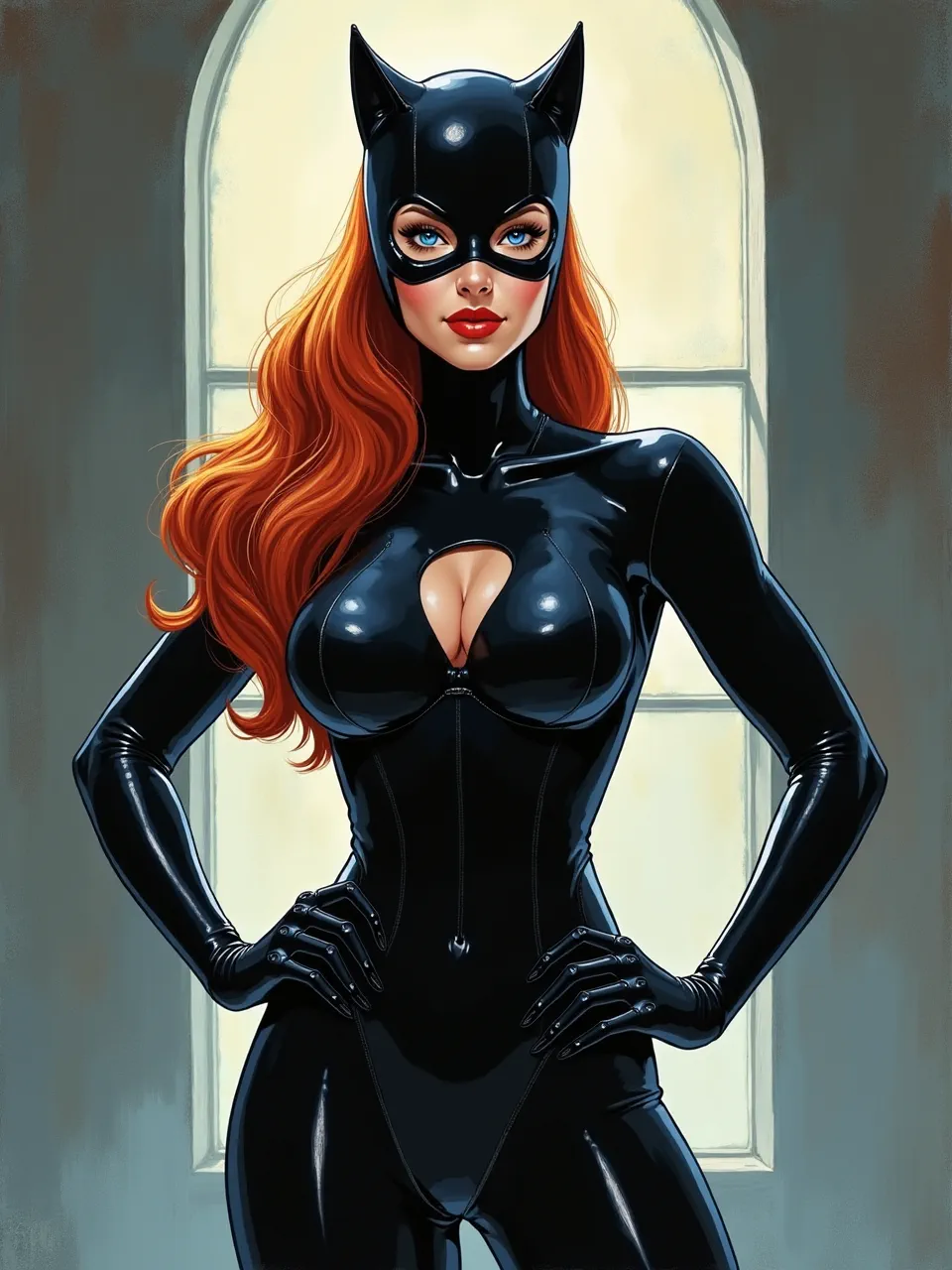This striking Catwoman digital painting, in David Mattingly's signature style, masterfully utilizes dramatic lighting and glossy latex textures. It captures realistic detail with a traditional artistic medium essence.