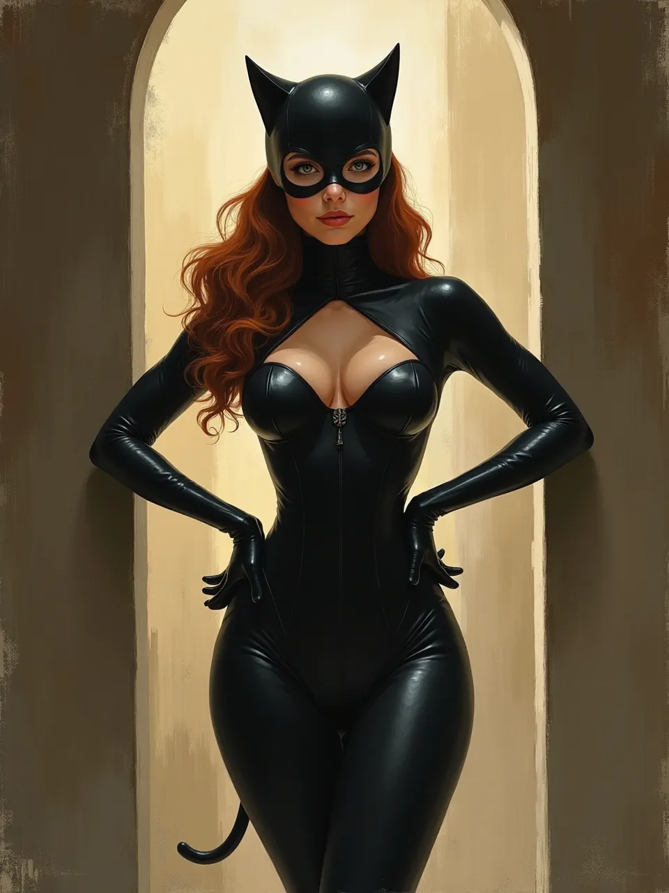 Dynamic Catwoman portrait, in David Tutwiler's oil painting style, features dramatic lighting illuminating glossy latex textures against a rich, painterly backdrop for stunning impact.