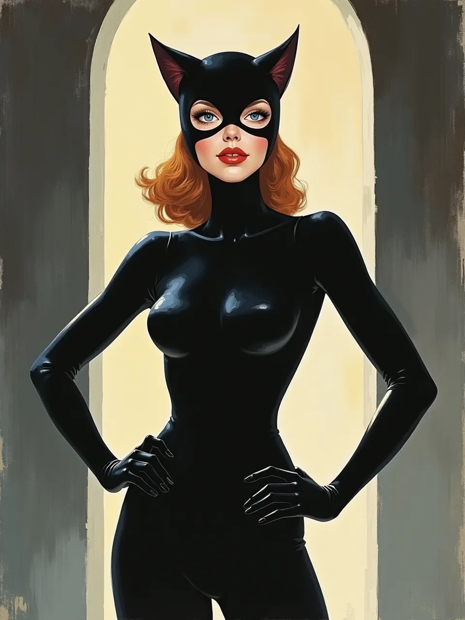 This Flux AI generated Catwoman illustration, in Dean Ellis's retro style, features dramatic backlighting highlighting her glossy catsuit's textures against a soft, painterly background; a captivating digital painting.