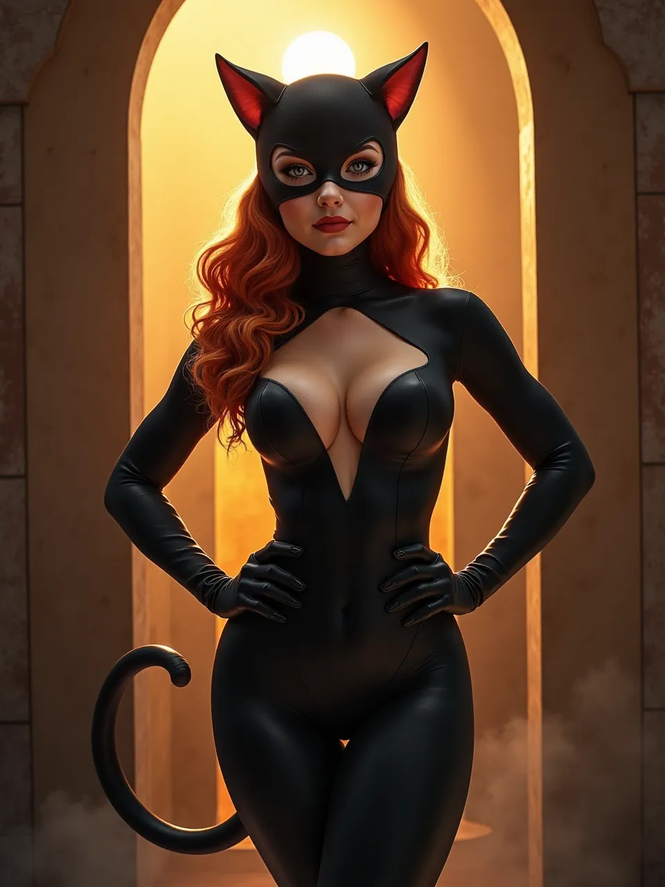 This Delphin Enjolras-styled Catwoman AI painting masterfully employs dramatic back lighting and glossy leather textures. This digital art piece highlights realistic details and ethereal glow.