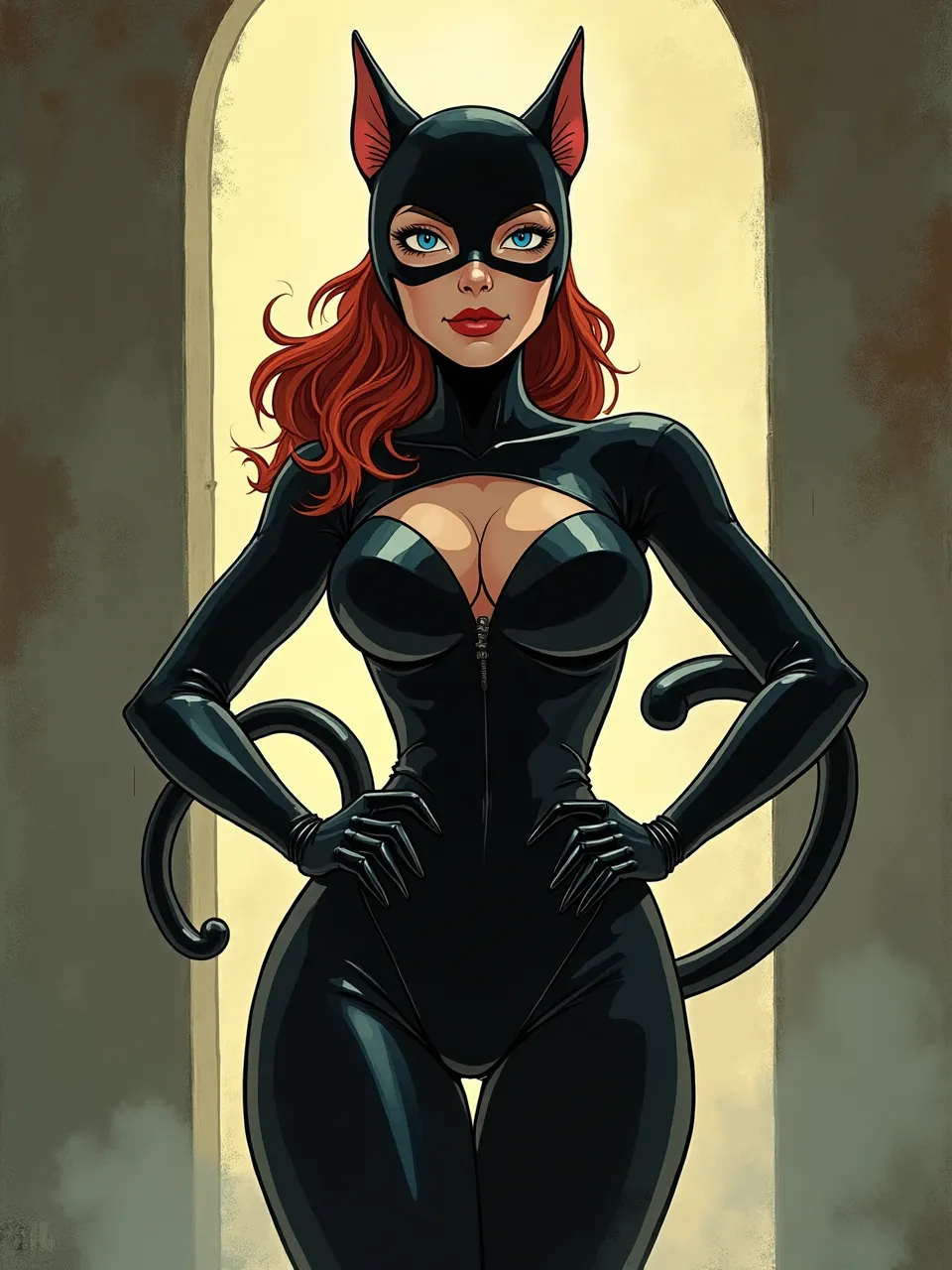 This Didier Cassegrain Catwoman generation features dramatic lighting, meticulously highlighting the glossy, reflective latex textures in this vibrant digital comic illustration, capturing her iconic allure.