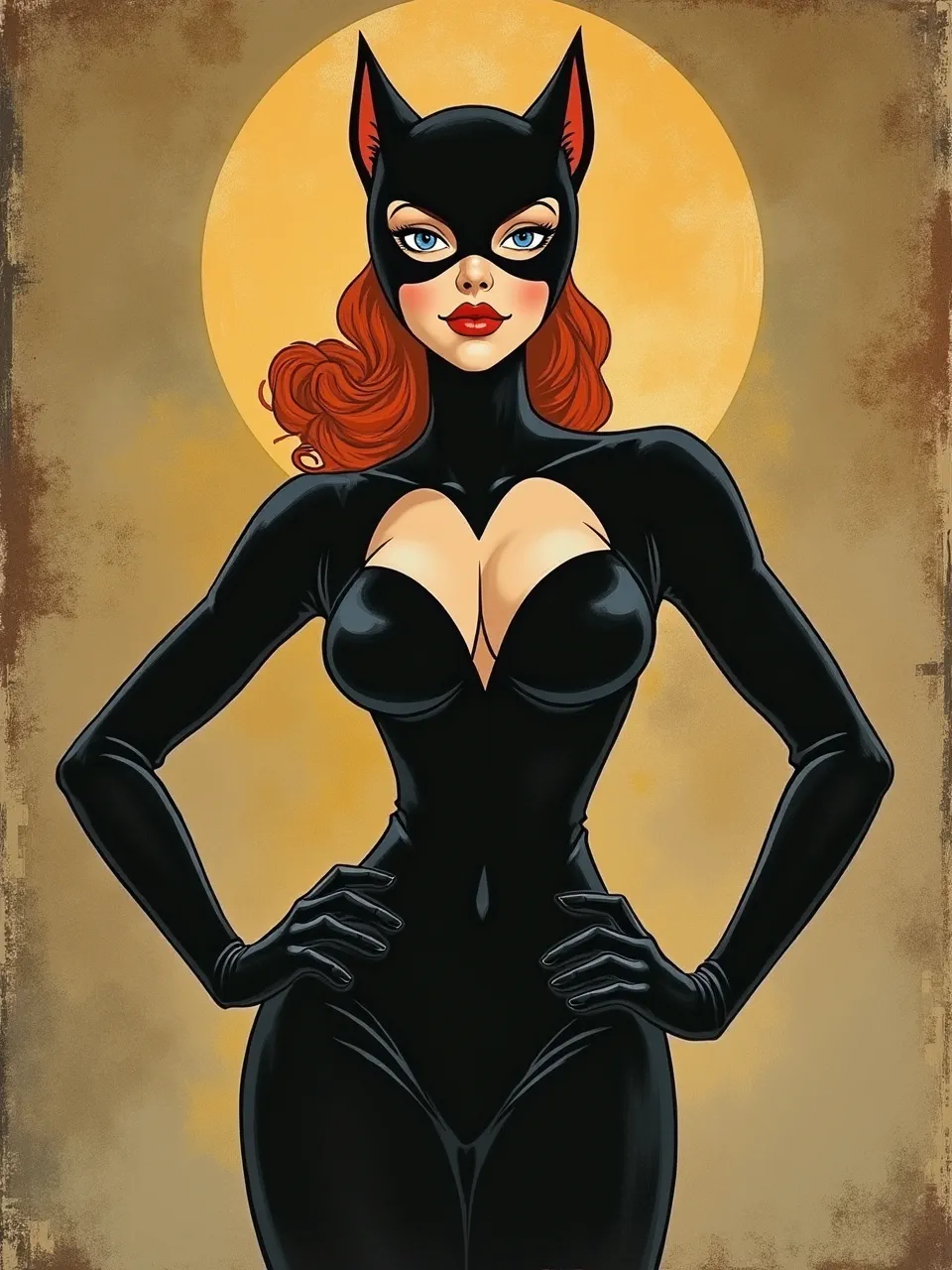 This Catwoman image, in Diego Rivera's mural style, showcases bold outlines, soft moonlit lighting, and sleek, graphic textures. An illustrative fresco medium accentuates her iconic form.