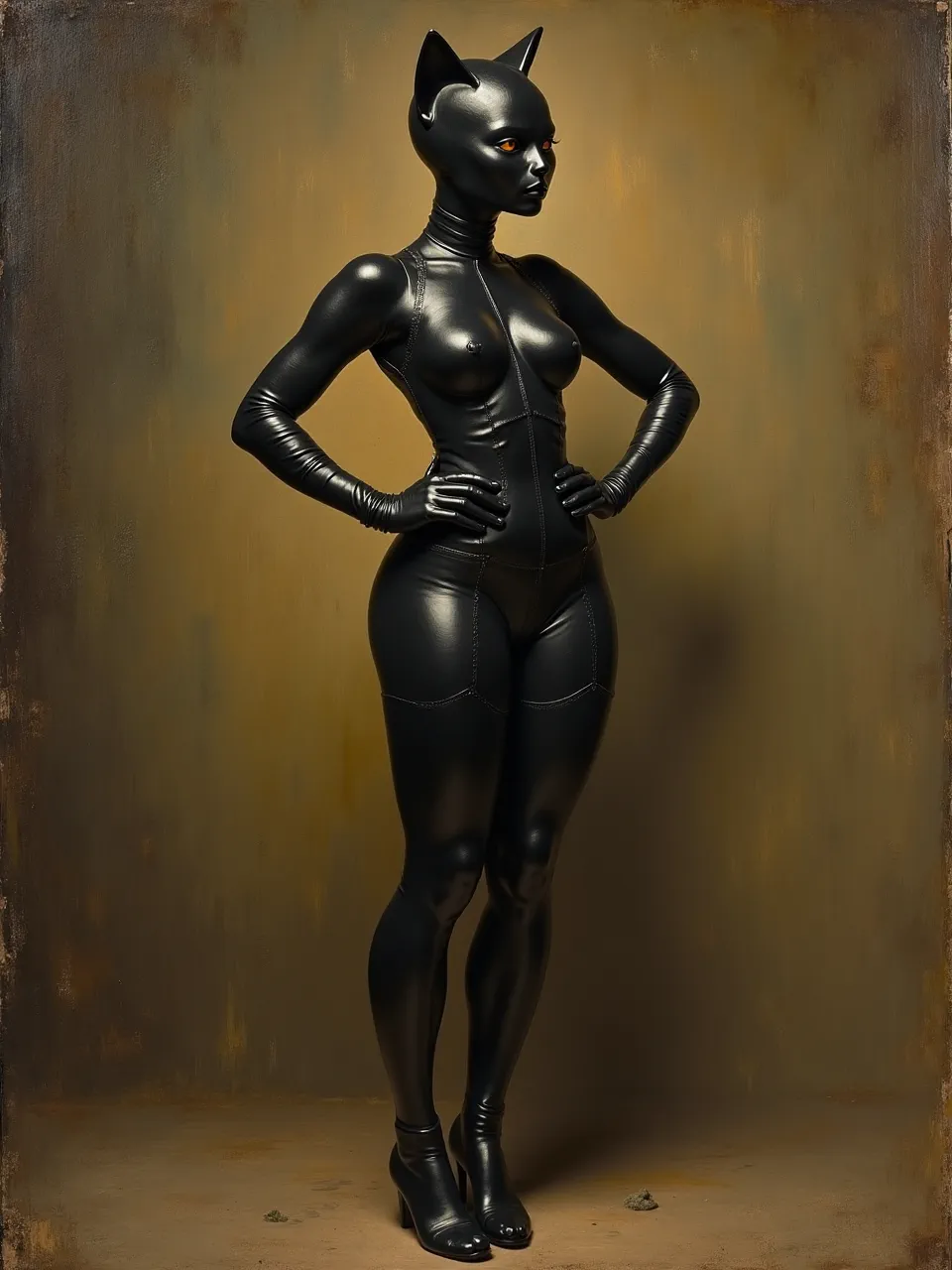 This Flux AI *Catwoman* generation, in the style of *Diego Velázquez*, showcases dramatic chiaroscuro *lighting*, meticulously rendered leather *textures*, and canvas artistry, embodying classical *oil painting* mastery.