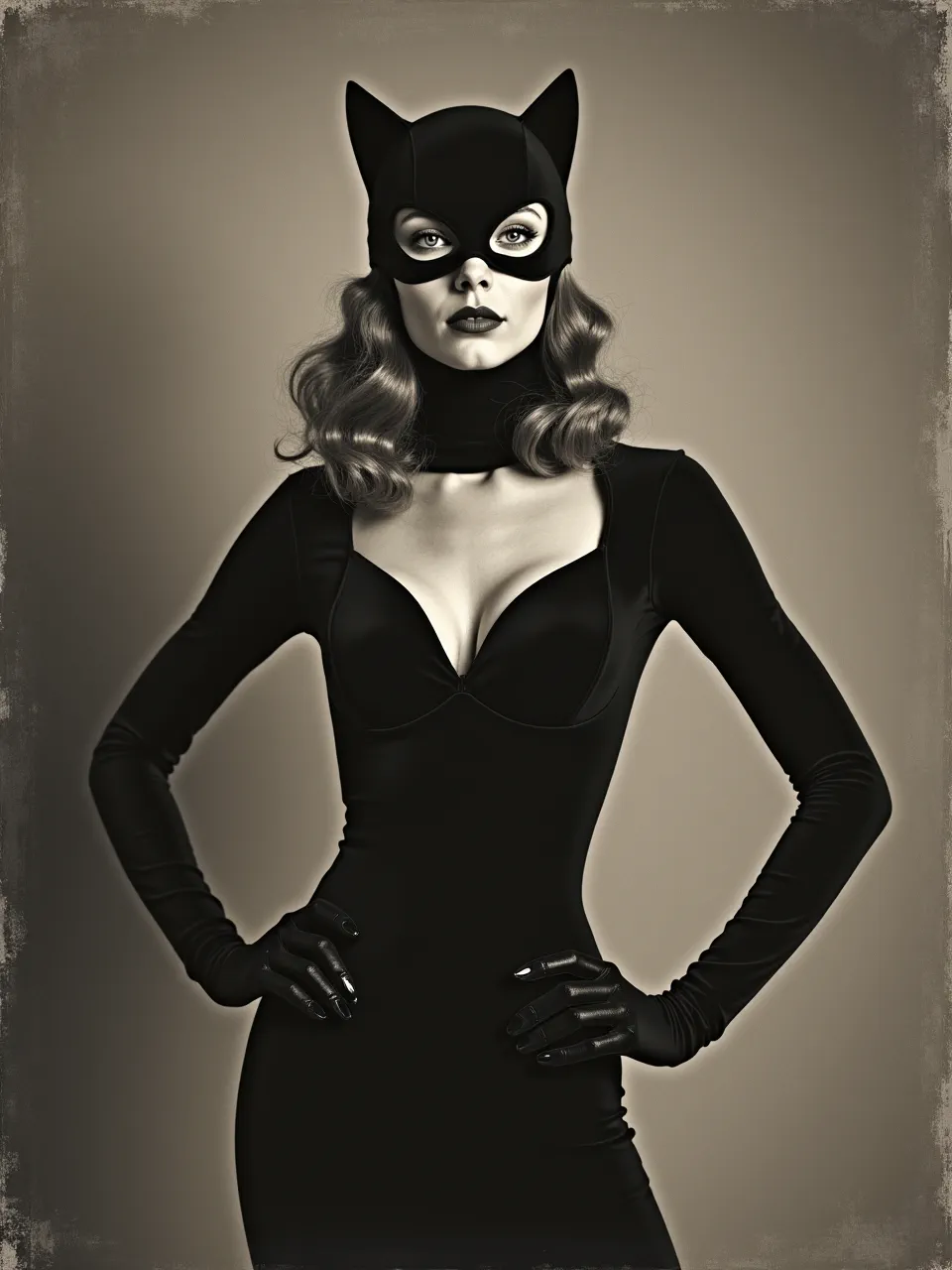 This striking Catwoman portrait, in Dod Procter's sophisticated style, showcases dramatic lighting, highlighting rich textures of her suit and skin. A monochrome fine art masterpiece.