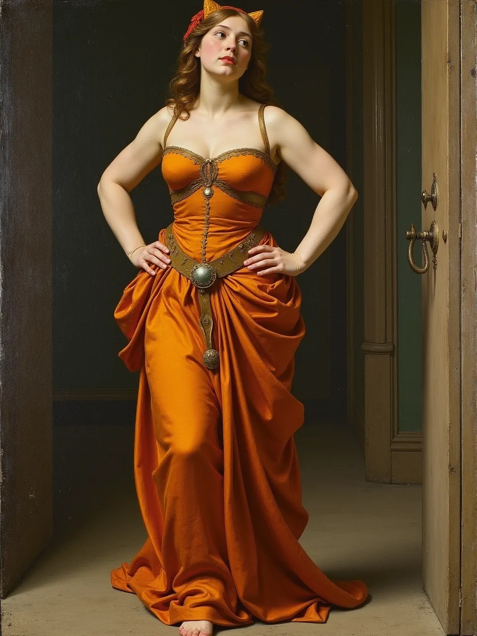 This Flux AI image presents Catwoman reimagined in Domenico Ghirlandaio's style. Masterful oil on canvas captures dramatic lighting on luxurious fabric textures, highlighting Renaissance artistry and a captivating pose.