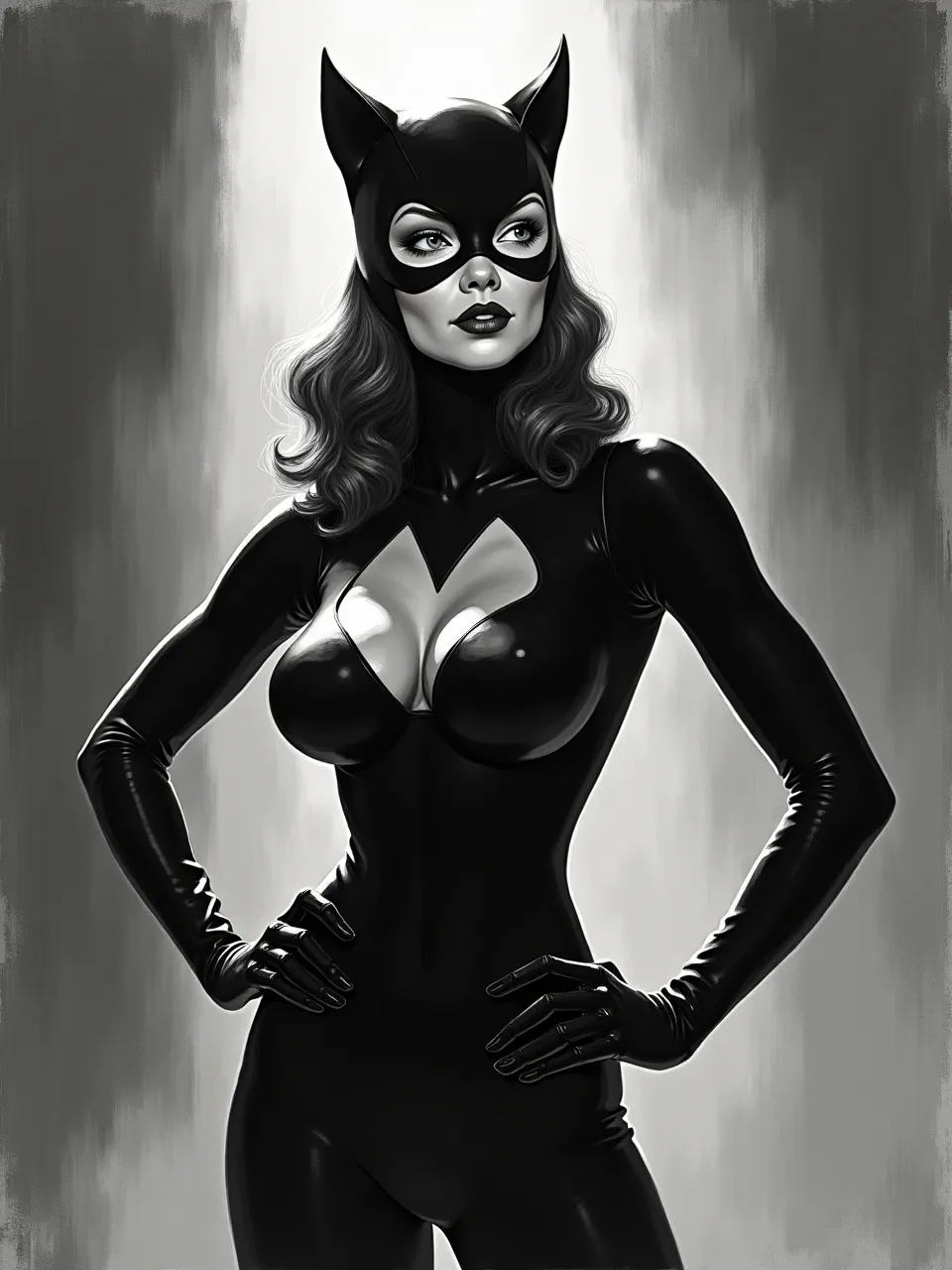 Don Lawrence's stylistic influence shines in this Catwoman digital illustration. Dramatic lighting accentuates glossy textures and classic comic art, rendered with a powerful monochrome palette.