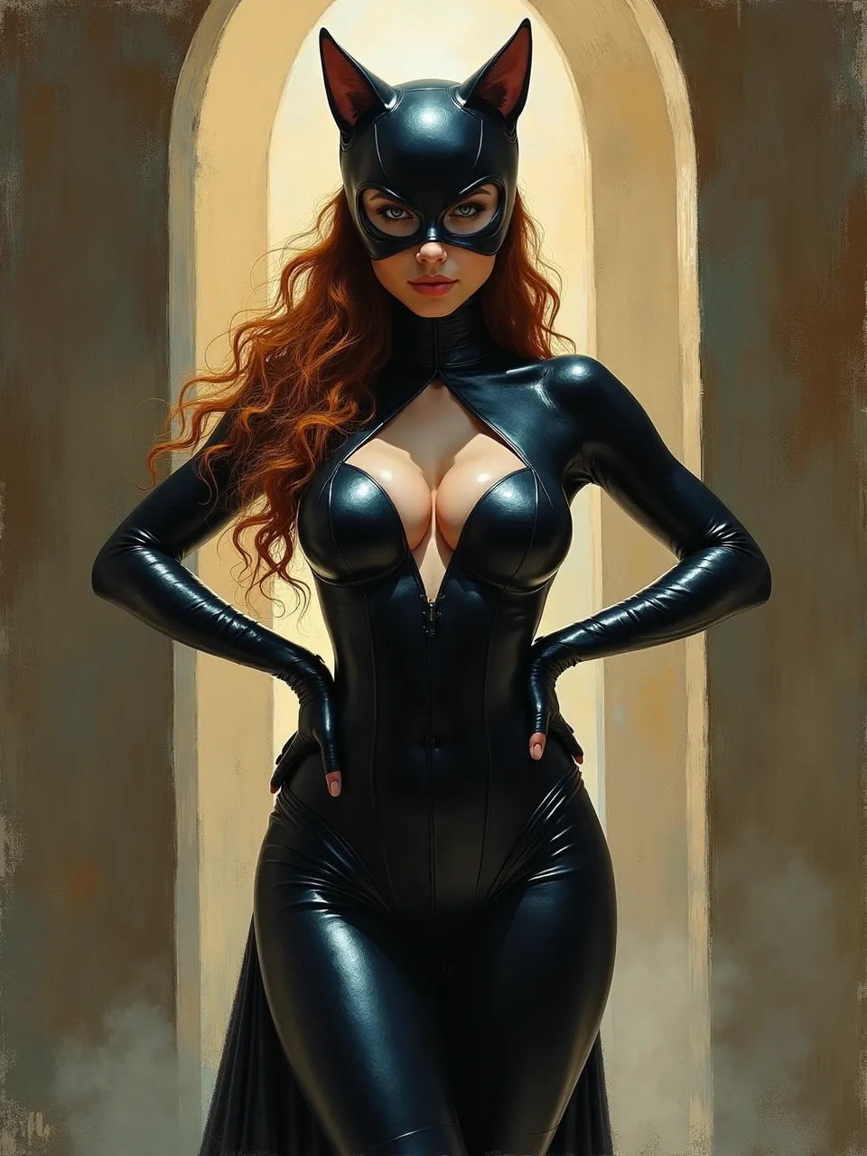 This striking Catwoman generation, in Donato Giancola's signature oil painting aesthetic, features dramatic lighting illuminating her glossy leather suit and textured flowing hair with remarkable realism.