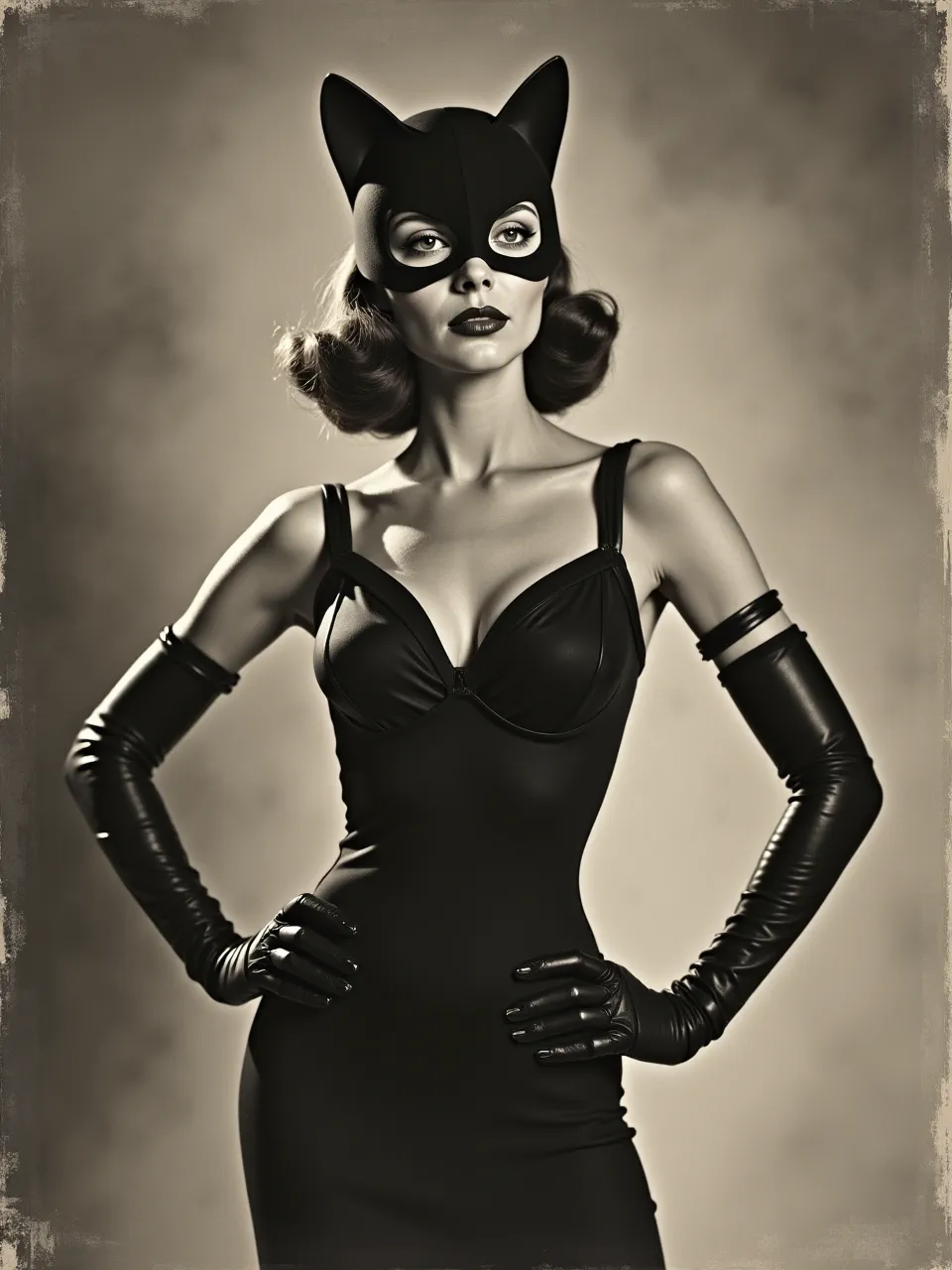 This Dorothy Johnstone-inspired Catwoman portrait features striking lighting, exquisite leather textures, and a nuanced vintage AI photographic medium. A captivating and timeless artwork.