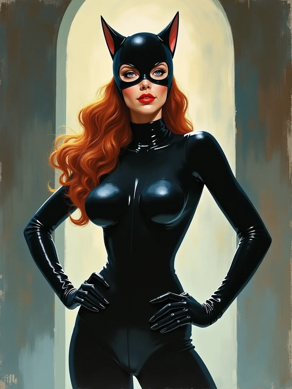 This stunning Catwoman portrait in Drew Struzan's iconic style features exquisite dramatic lighting that illuminates glossy latex textures, rendered with detailed painted illustration techniques.
