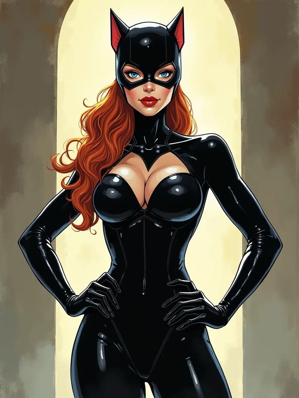 This Duncan Fegredo-style Catwoman illustration features dramatic backlighting, expertly enhancing glossy suit textures. This striking digital comic art masterfully employs light for iconic visual impact, capturing her essence.