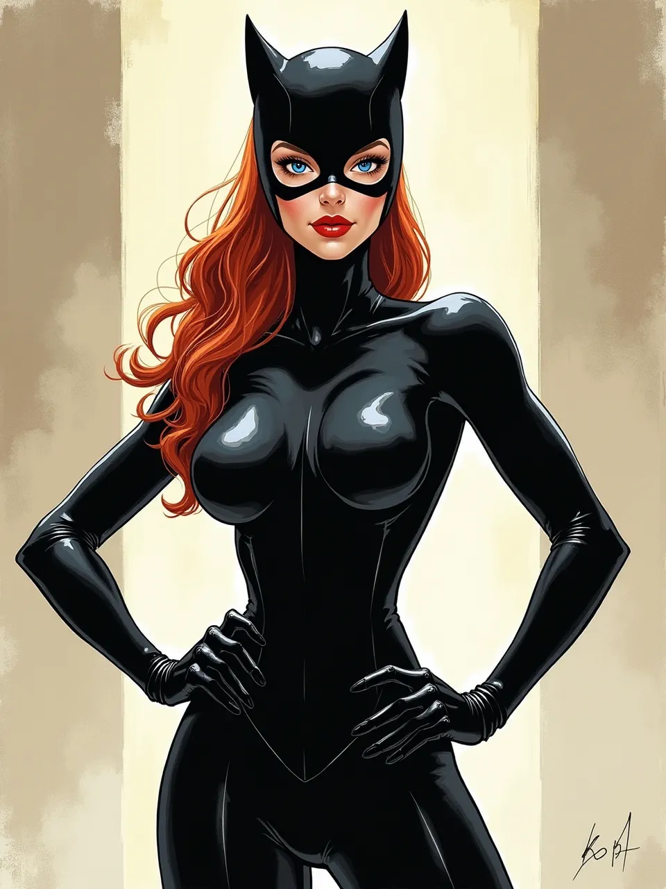 This Dustin Nguyen-inspired Catwoman art showcases exquisite digital illustration. Observe the vibrant lighting, glossy suit textures, and detailed comic book aesthetic defining this iconic character.