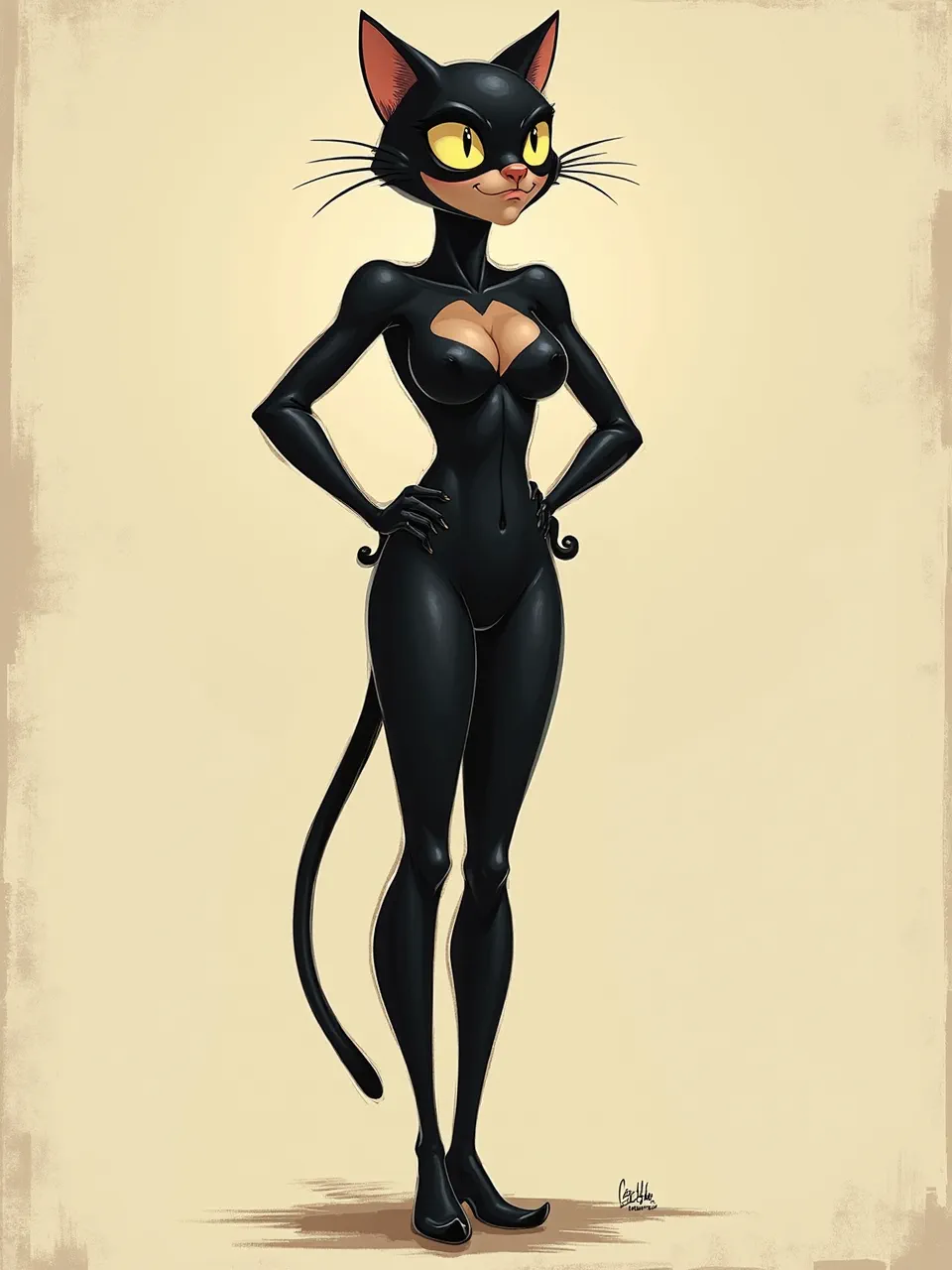 E. H. Shepard-inspired Catwoman illustration. Soft digital lighting accentuates sleek, glossy textures. This artwork merges classic charm with modern character design, a polished artistic medium triumph.