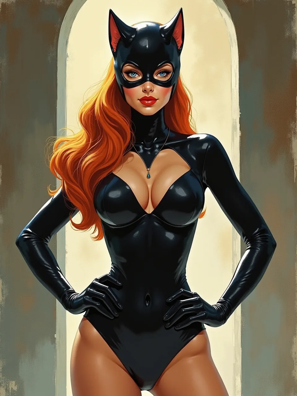 Flux AI's Earl Norem-style Catwoman exudes classic pulp art with vibrant oil paint textures, dramatic lighting, and glossy latex. A stunning digital artwork.