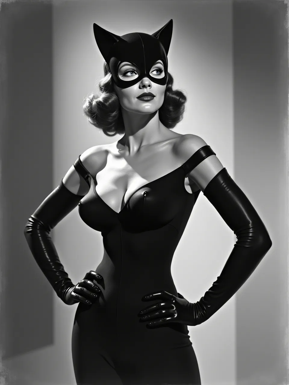 This Earle Bergey-inspired Catwoman AI illustration showcases dramatic chiaroscuro lighting, accentuating glossy latex textures. Its monochrome artistry masterfully captures vintage pin-up allure within this captivating digital medium.