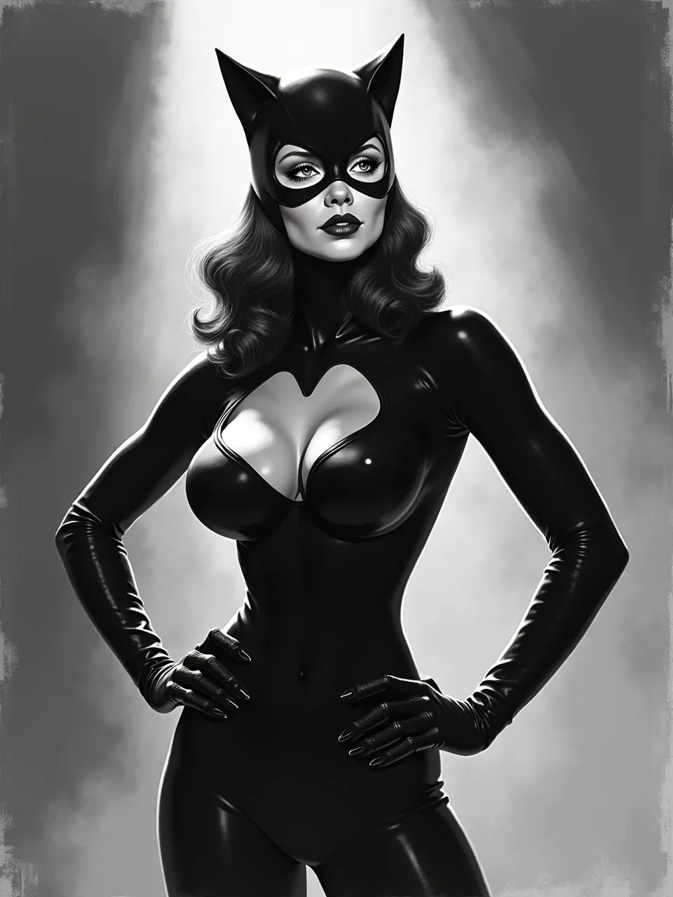 This Ed Binkley style Catwoman boasts dramatic spotlighting, illuminating glossy latex textures in a high-contrast grayscale digital painting. Reflective surfaces emphasize a powerful, alluring heroine.