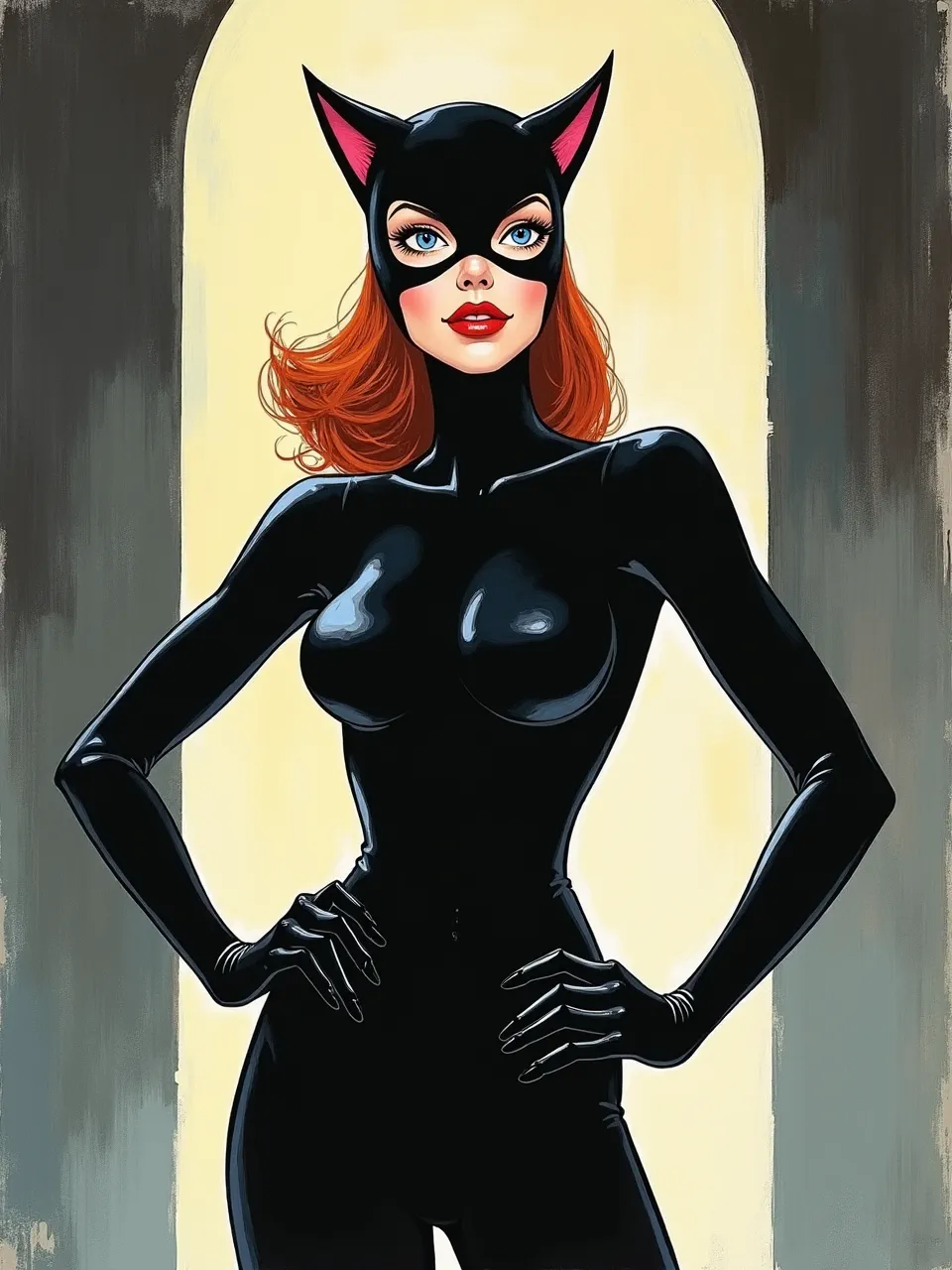 This vibrant Catwoman, in Ed Emshwiller's style, showcases dramatic backlighting and sleek textures through its striking digital painting medium, blending sci-fi comic art.
