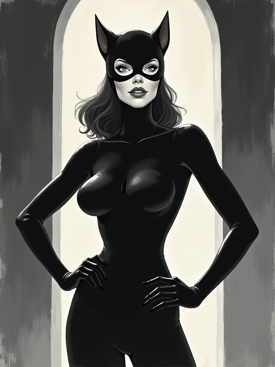 This Ed Mell-inspired Catwoman digital painting showcases dramatic lighting, highlighting her sleek, reflective suit textures. Bold brushstrokes define this vivid superhero illustration.