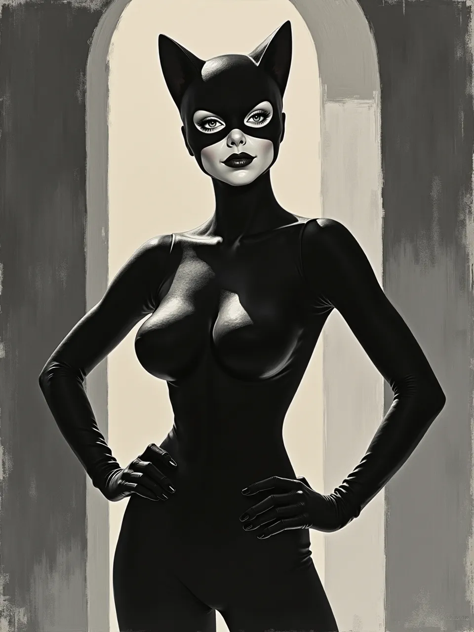 This striking Catwoman painting embodies Ed Paschke's graphic pop art style. High-contrast lighting accentuates sleek suit textures against a subtly painterly background, forming a captivating artwork.