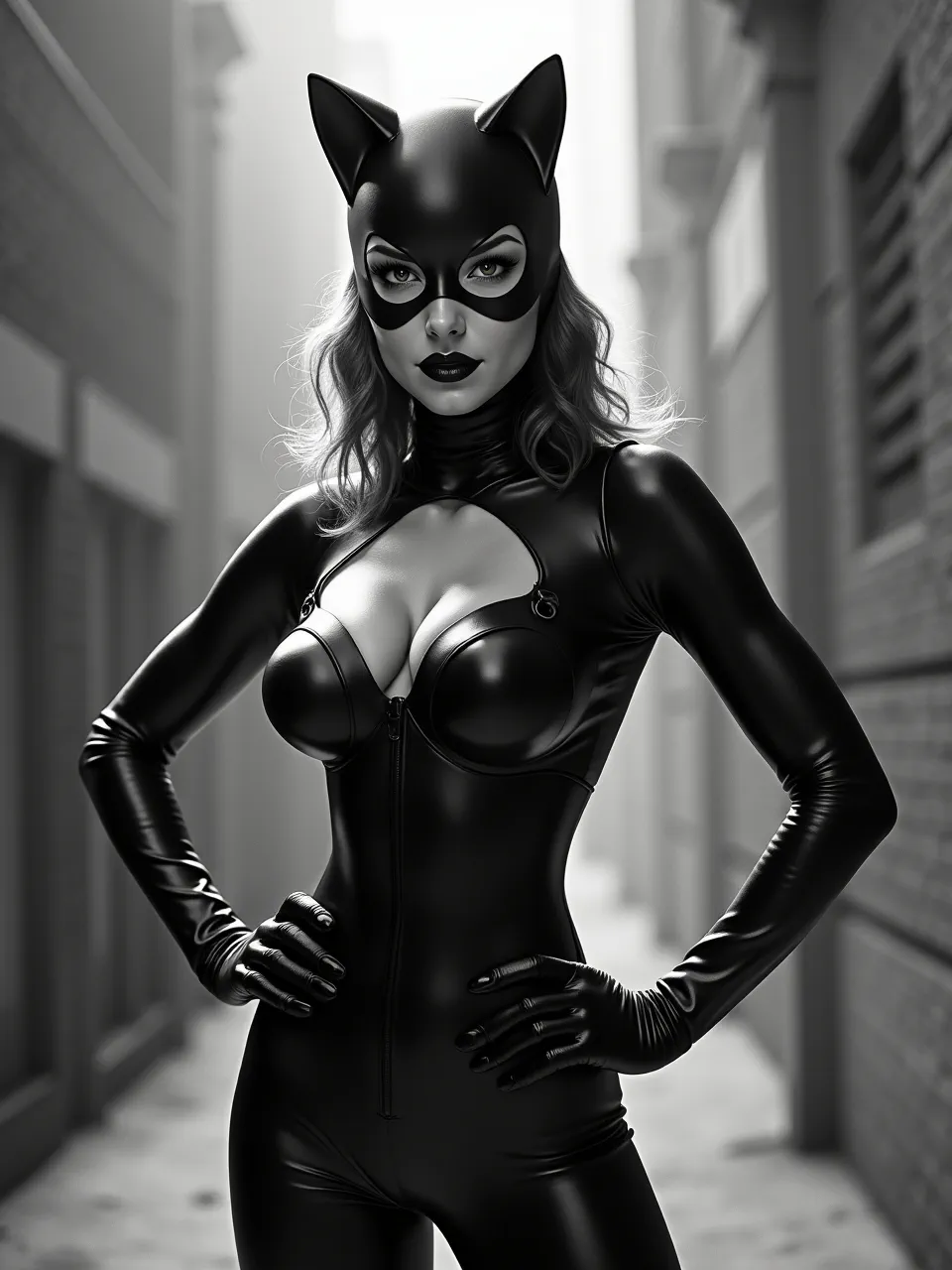 This Eddie Mendoza-style Catwoman AI digital painting features dramatic lighting illuminating glossy, realistic textures. This monochrome piece is a stunning example of AI illustration, focusing on material and mood.