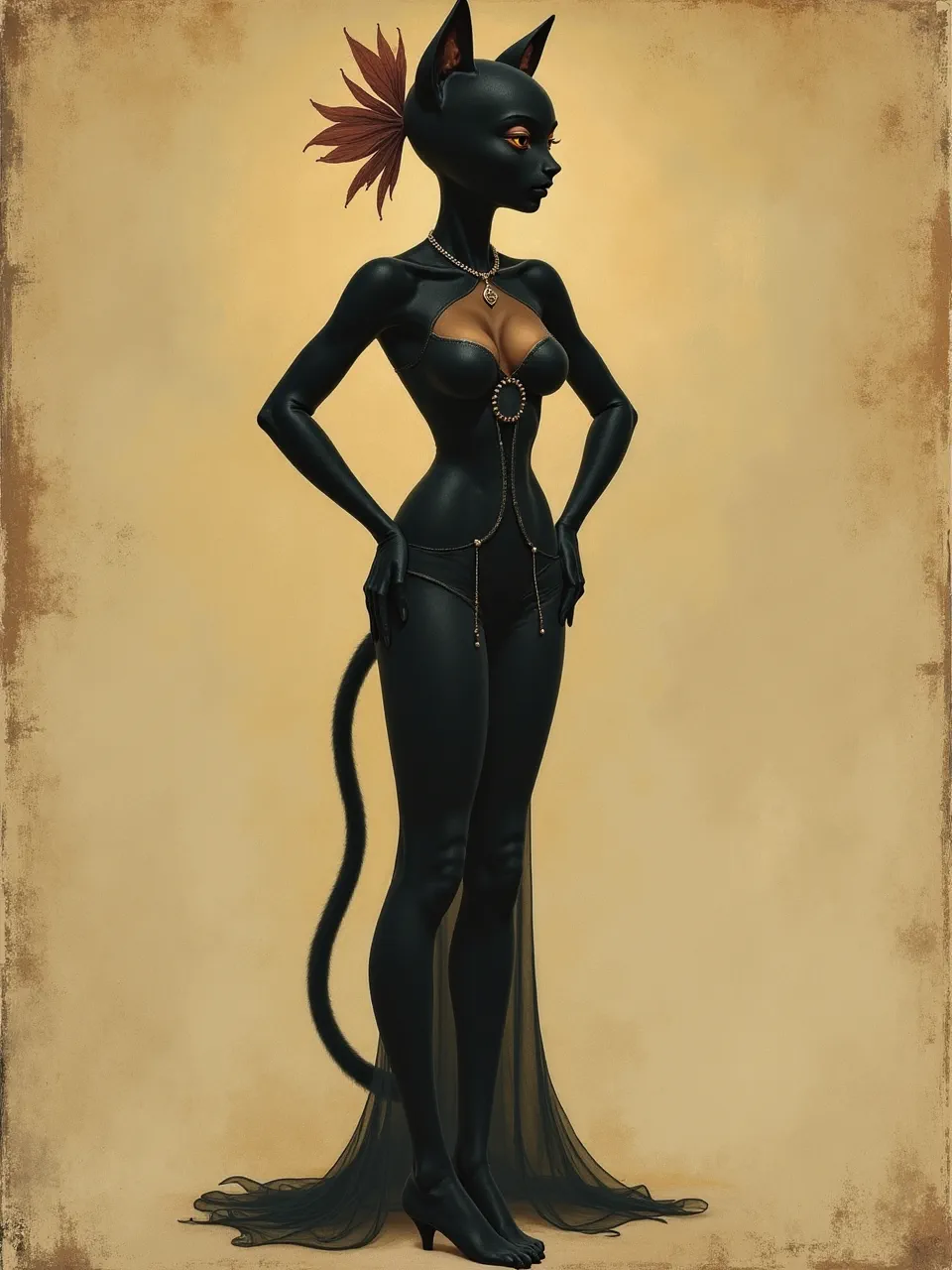 This stunning Edmund Dulac-style Catwoman illustration features ethereal lighting highlighting rich, smooth textures in a digital gouache medium. Meticulous details on her sleek suit and flowing fabrics evoke classic artistry.