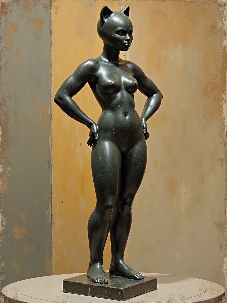 This stunning AI-generated Catwoman, in Eduardo Paolozzi's sculptural style, boasts dramatic lighting accentuating its smooth, polished bronze textures, creating a modern, metallic masterpiece.