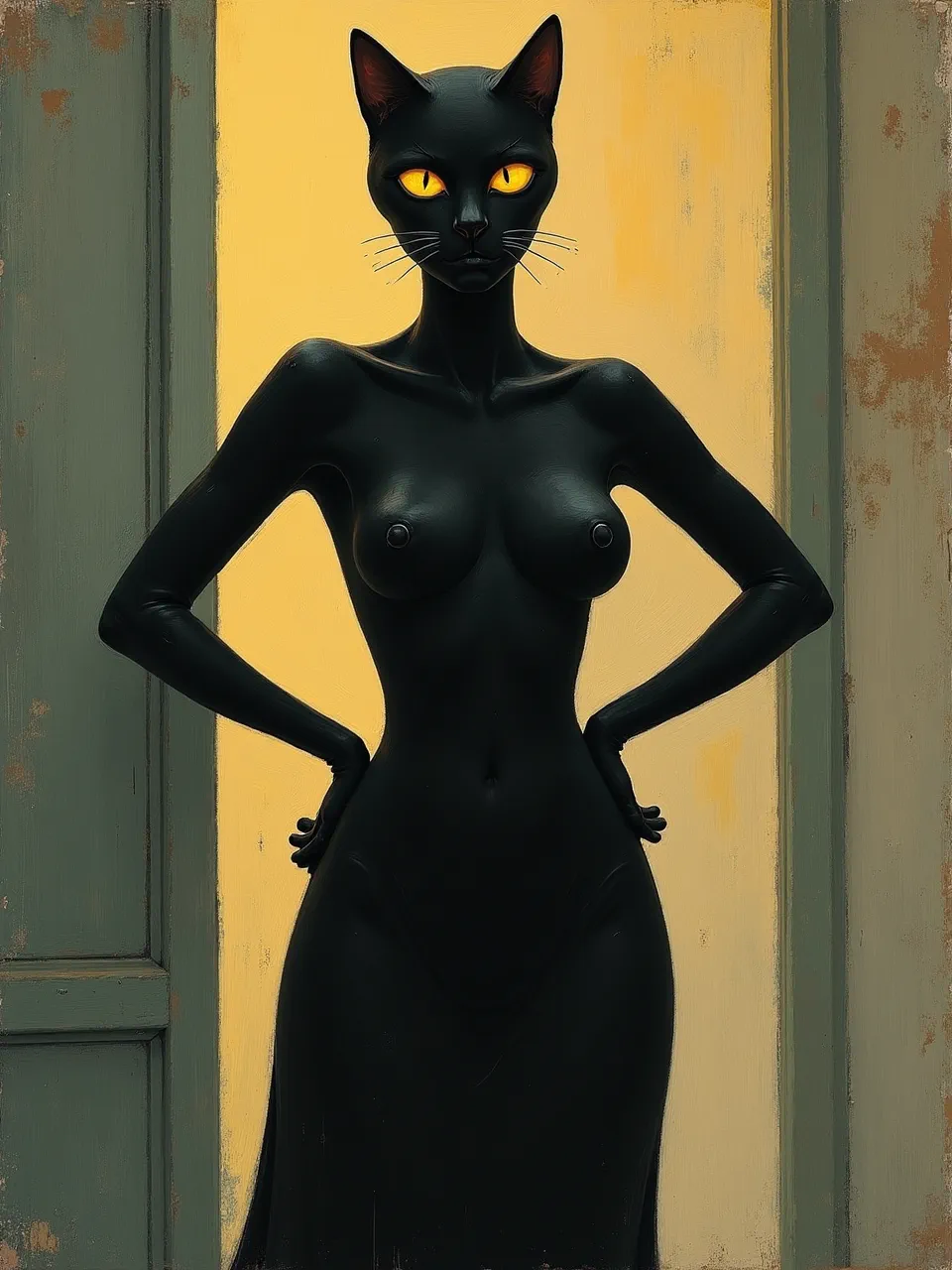 This AI-generated Edvard Munch-inspired Catwoman oil painting features dramatic, expressionistic lighting illuminating smooth, matte textures against a distressed background, a striking artistic medium.