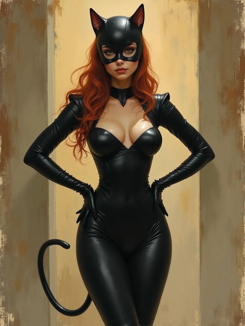 This Flux AI image masterfully renders Catwoman in Edward Atkinson Hornel's vibrant style. Dramatic lighting highlights glossy leather textures and fiery red hair, all presented through a rich, expressive oil.