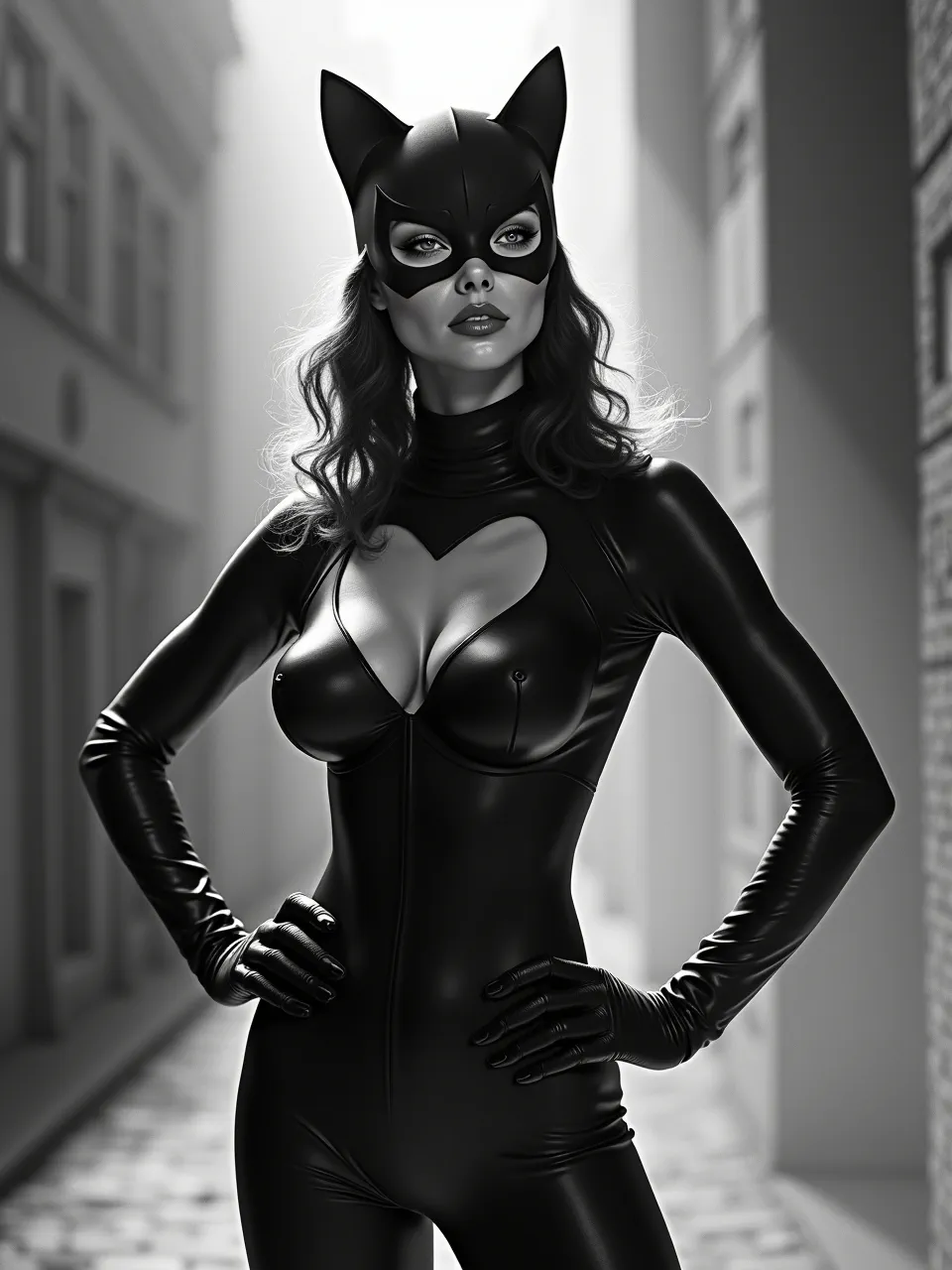 This stunning Edward Blair Wilkins-style AI digital painting features Catwoman, showcasing dramatic atmospheric lighting, incredibly sleek latex textures, and intricate photorealistic detail in a grayscale rendering.