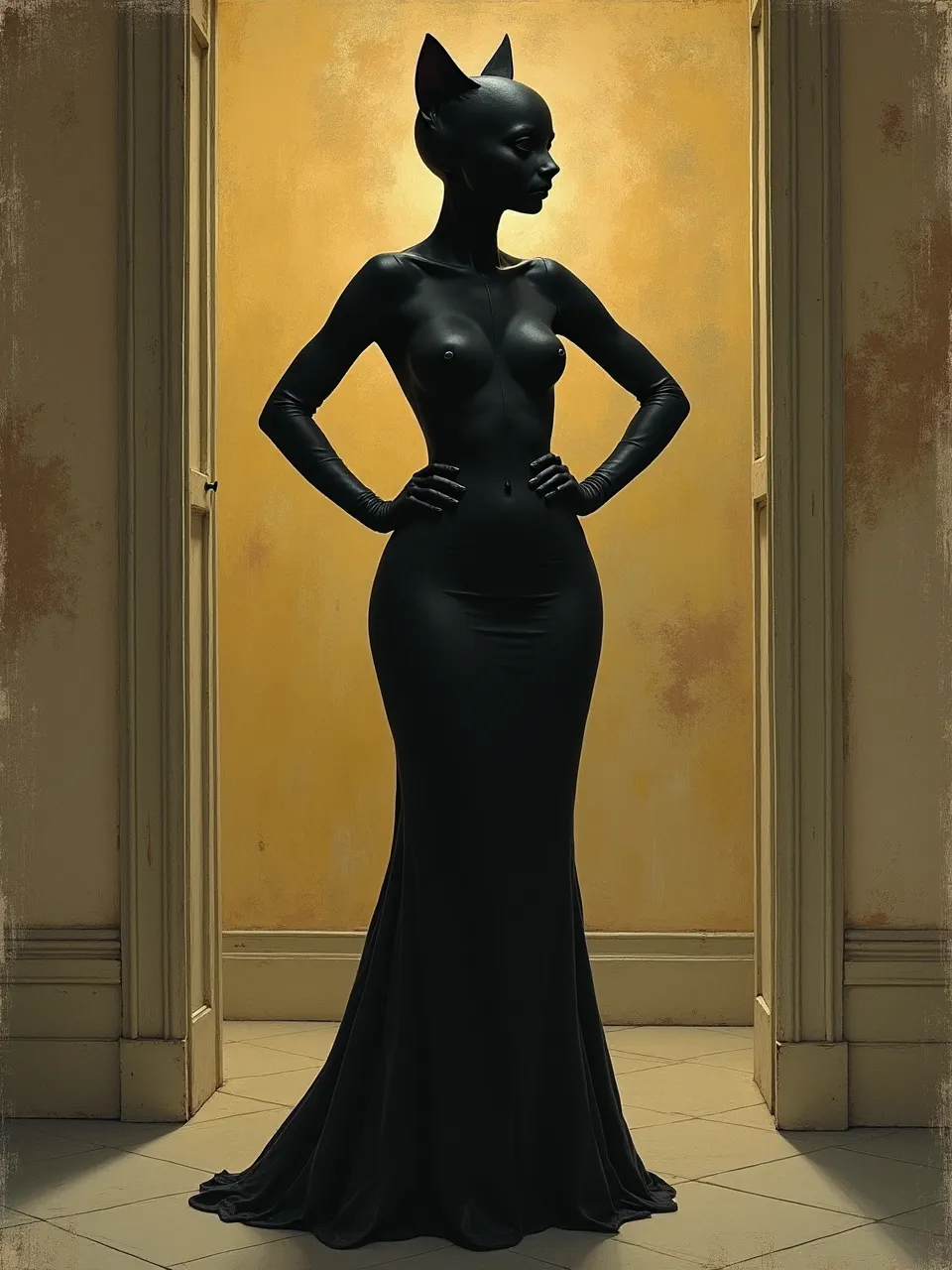 Edward Burne-Jones's opulent style elevates this Catwoman with dramatic illumination, revealing sleek, almost tactile textures, rendered akin to a classical oil painting.